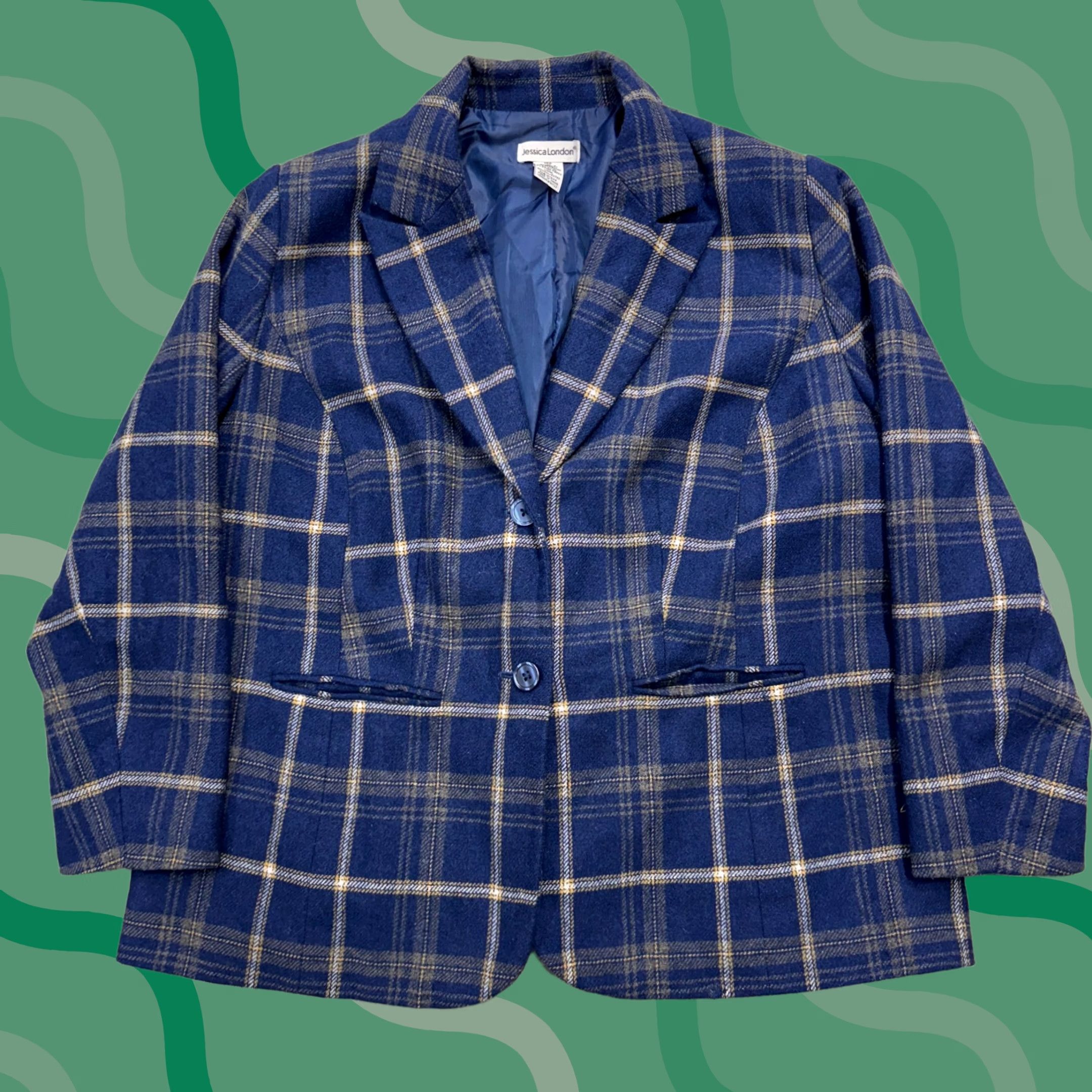 Vintage Jessica London Womens Blazer Size 16P Blue Plaid 2 Button Pockets Lined Jacket Notch Sleeve Long Wool Polyester Nylon Business Womens Size XXL / US 16-18 / IT 52-54 - 1 Thumbnail