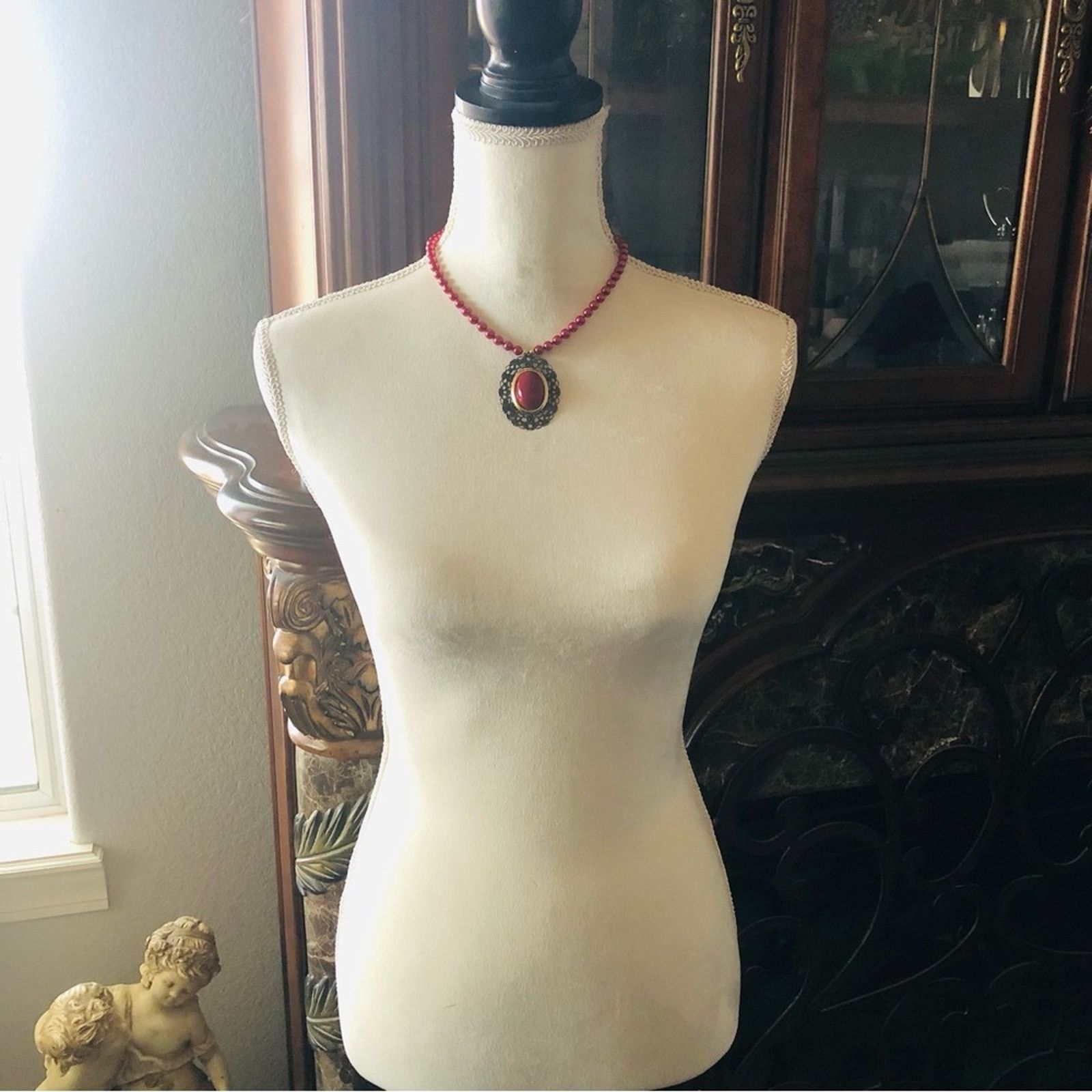 Handmade Handcrafted repurpose red cabochon filigree Pearl necklace Size ONE SIZE - 6 Thumbnail