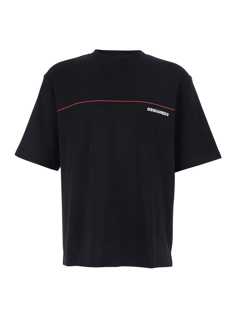 black crew neck T-shirt with raised collar and logo on the front in cotton man