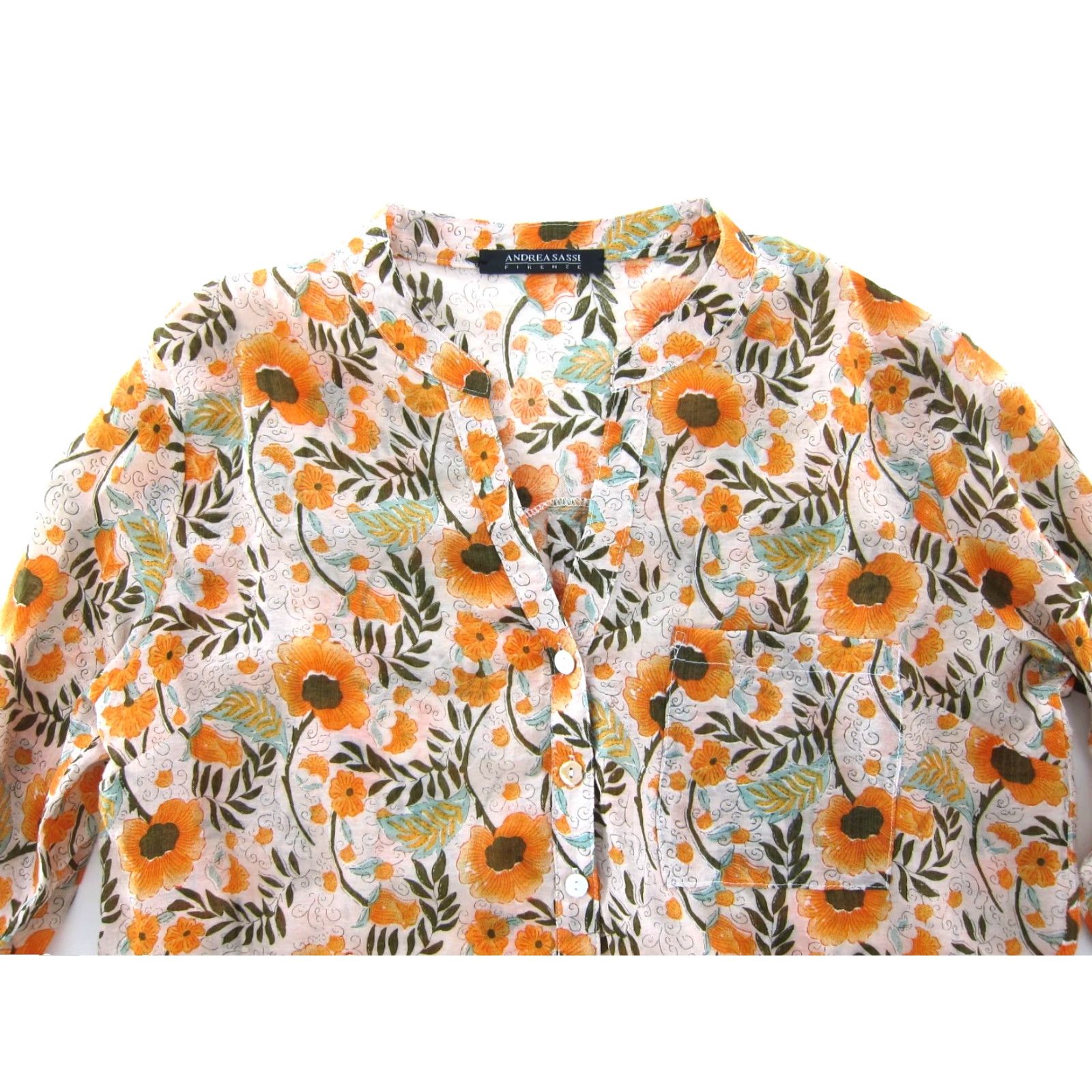 Vintage Andrea Sassi Firenze Blouse 3/4 Sleeve V-Neck Floral Medium Womens Orange Green Shirt Size M / US 6-8 / IT 42-44 - 4 Thumbnail