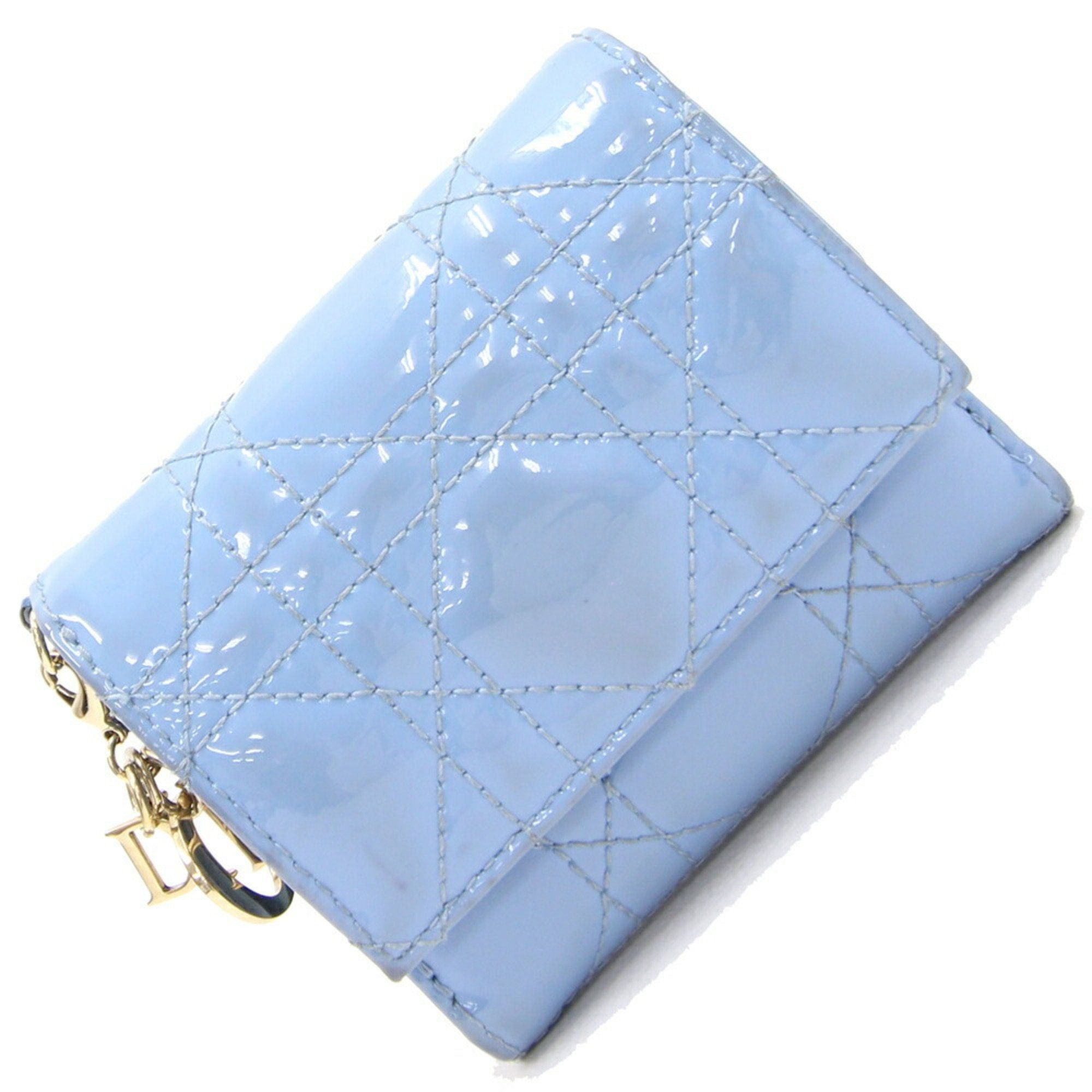 image of Christian Dior Dior Tri-Fold Wallet Lady Lotus S0181Owec Light Blue Cannage Patent Calfskin Compact
