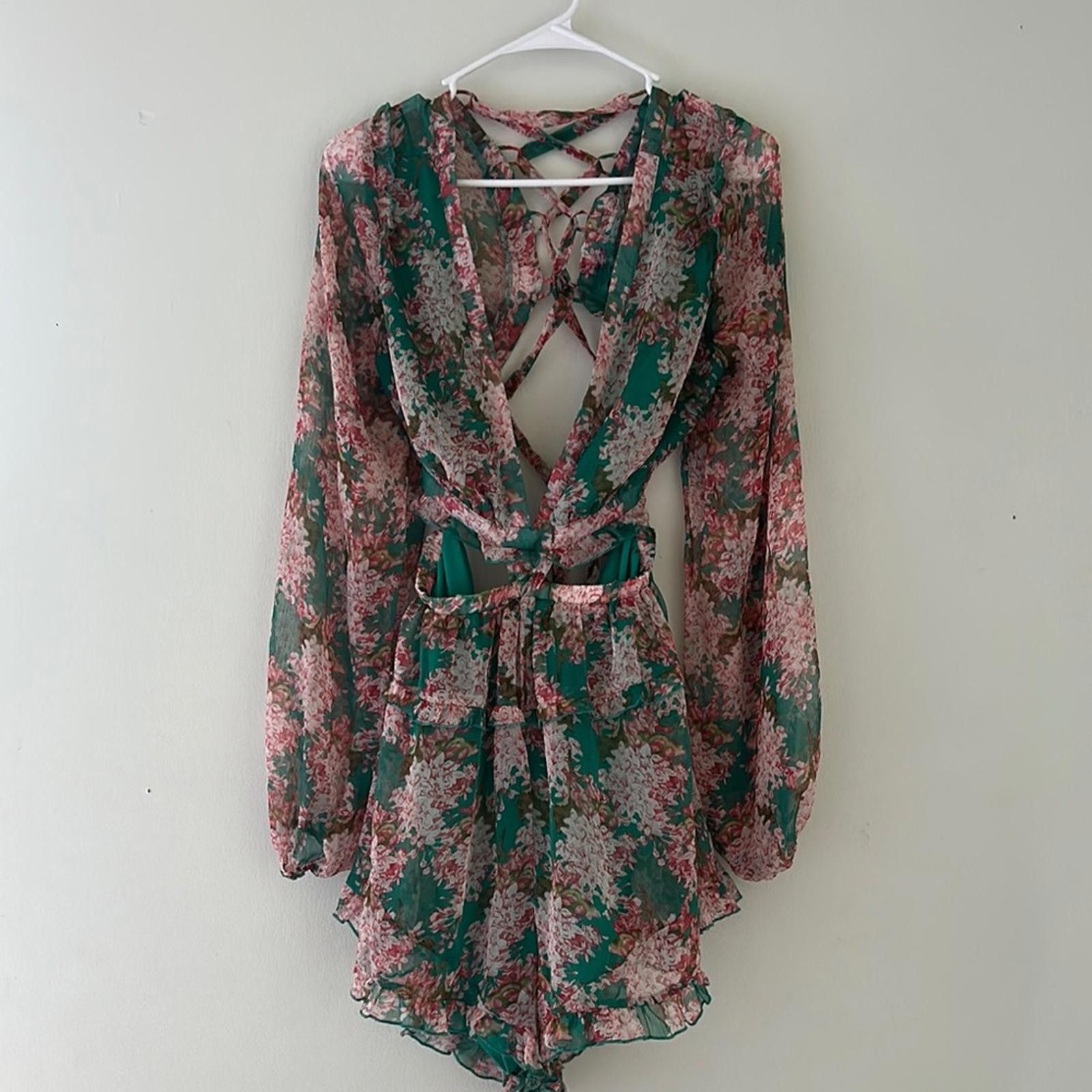 Designer Luxxel Pink and Green Cris Cross Dress Size L / US 10 / IT 46 - 1 Thumbnail