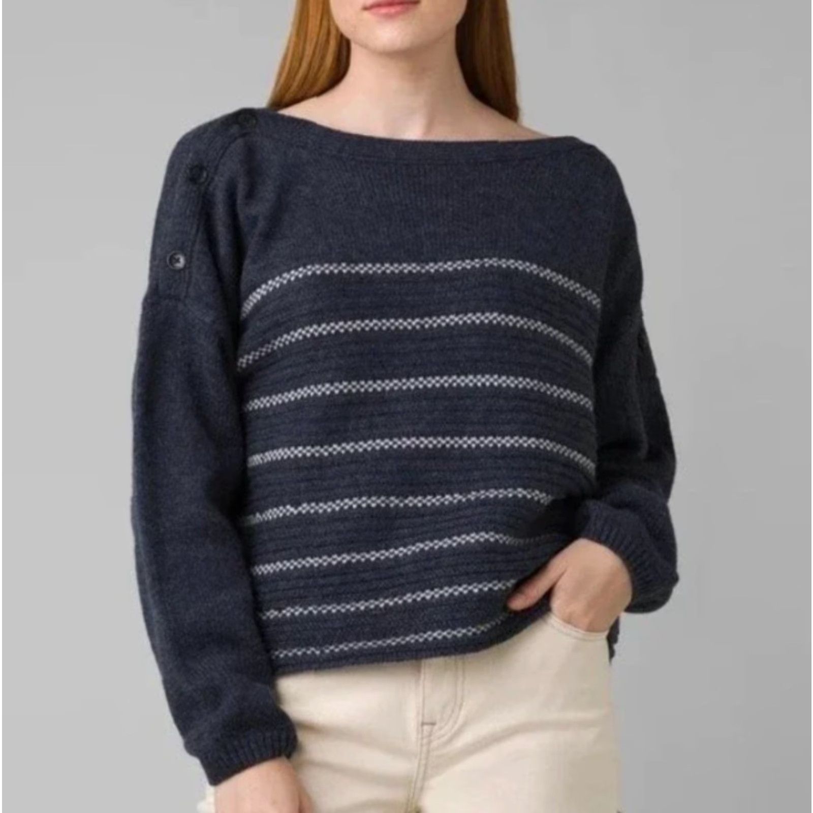 Prana VINTAGE PrAna Phono Wool Blend Sweater Blue w/Cream Birdseye Stripe Button Detail-Size L Size L / US 10 / IT 46 - 2 Thumbnail