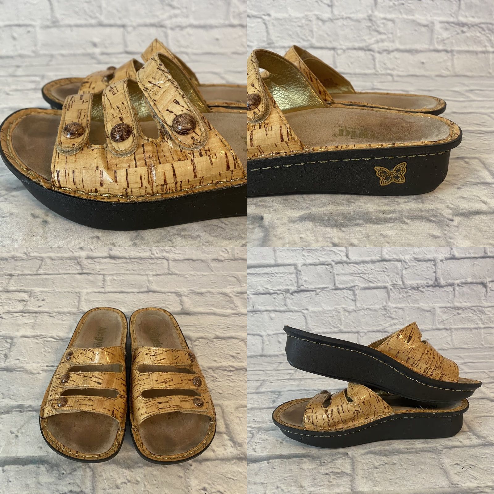 Vintage Alegria Algeria Fiona F10-418 Leather Cork Print 3 Strap Slide Sandals Beige 38/US 7.5 Cork Pattern Casual Women Size US 8 / IT 38 - 8 Thumbnail