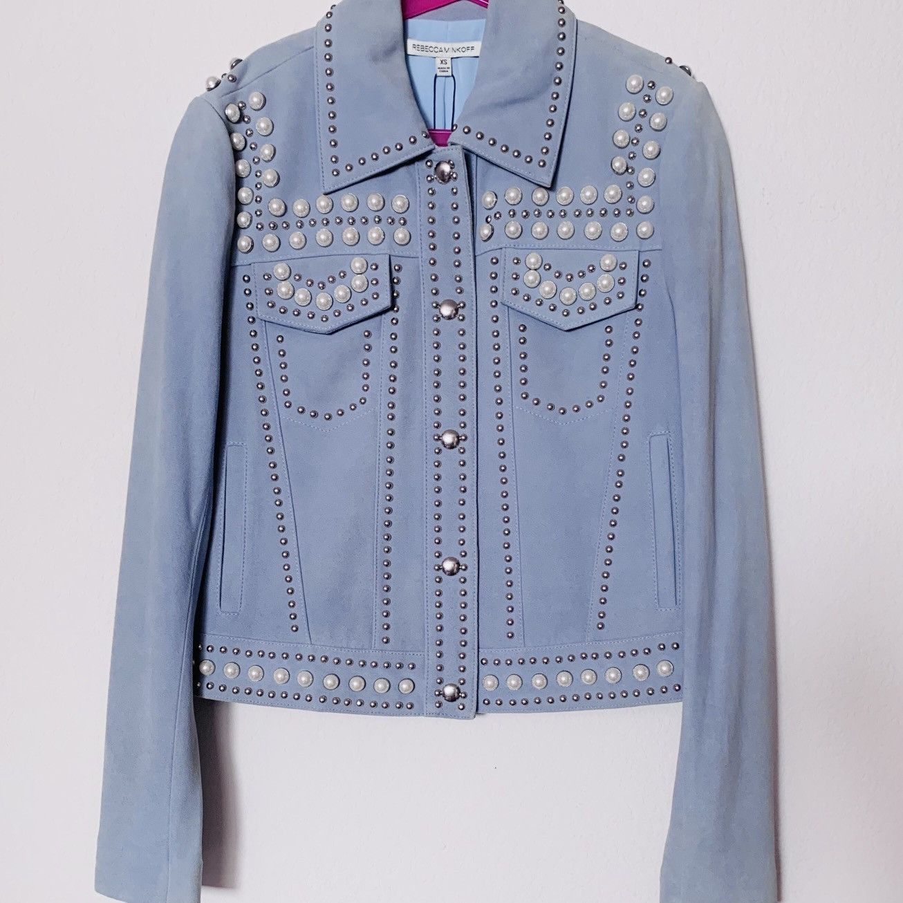 Rebecca Minkoff Periwinkle Pearl studded goat leather trucker jacket Size XS / US 0-2 / IT 36-38 - 1 Thumbnail