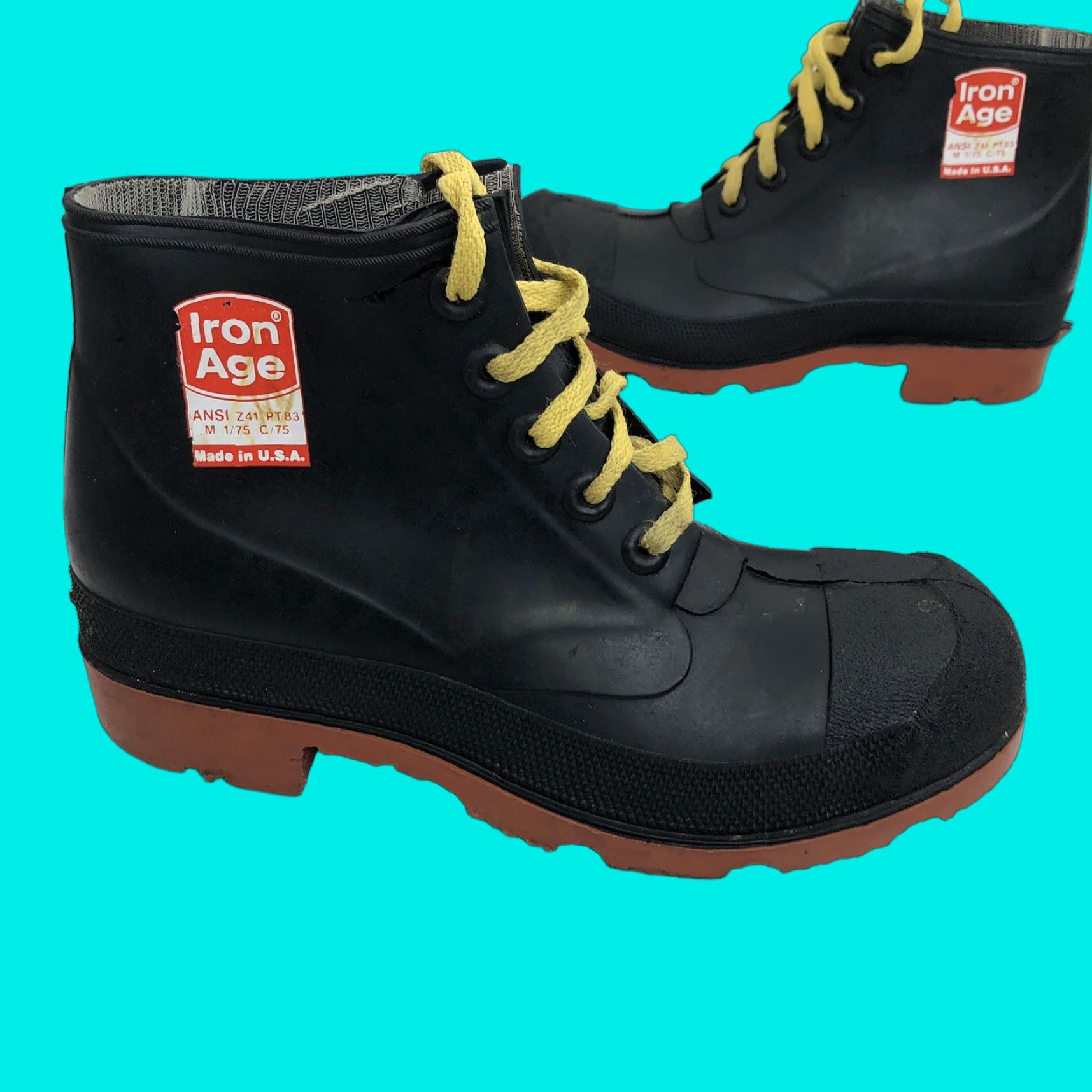Vintage VINTAGE Iron Age Boots Mens 7 STEEL TOE Waterproof Rubber USA Black 1981 Leather? (note: Original had Silk upper; not allowed to add info) Size US 7 / EU 40 - 1 Thumbnail