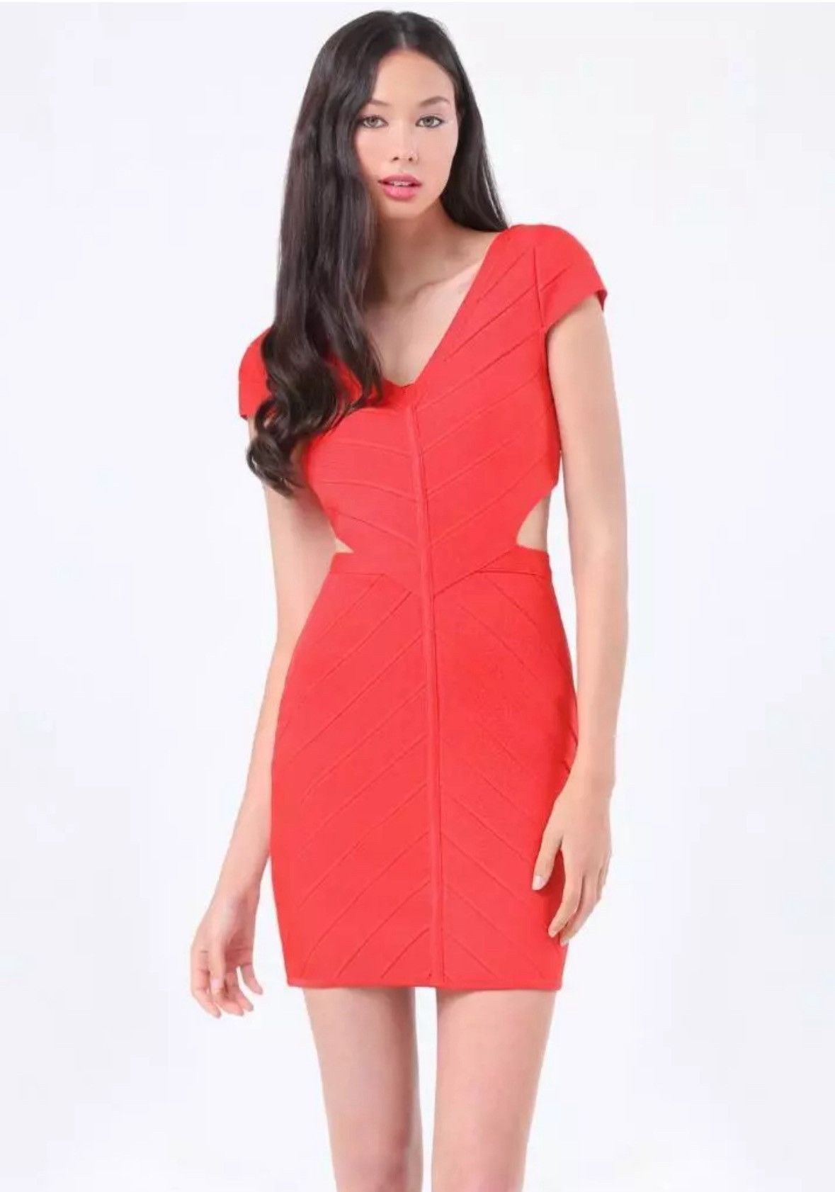 Bebe BEBE RED HIBISCUS BANDAGE CUTOUT MYA MITRED DRESS SIZE XS Size XS / US 0-2 / IT 36-38 - 2 Thumbnail