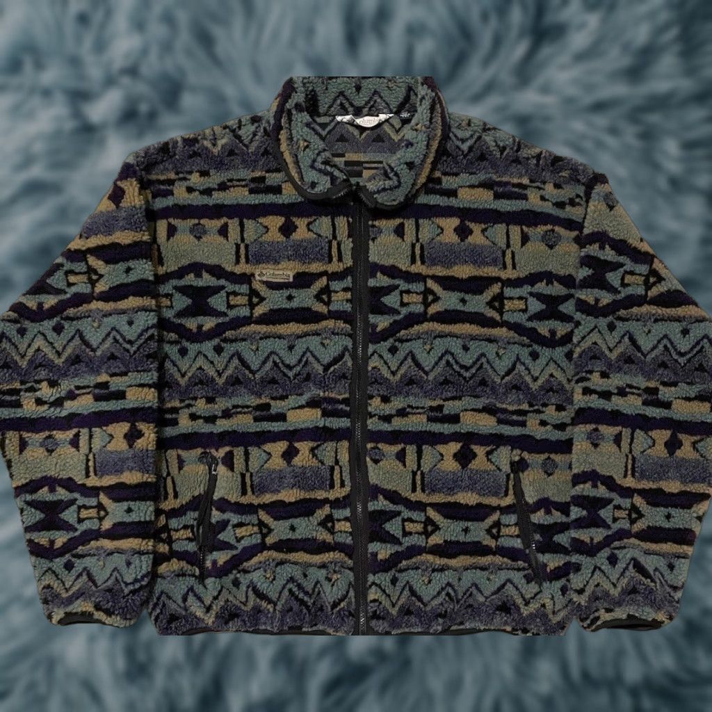 Vintage VINTAGE Columbia Aztec Deep Pile Fleece Jacket XL USA Abstract Art Skate 90s 80s Men Green Size US XL / EU 56 / 4 - 1 Thumbnail