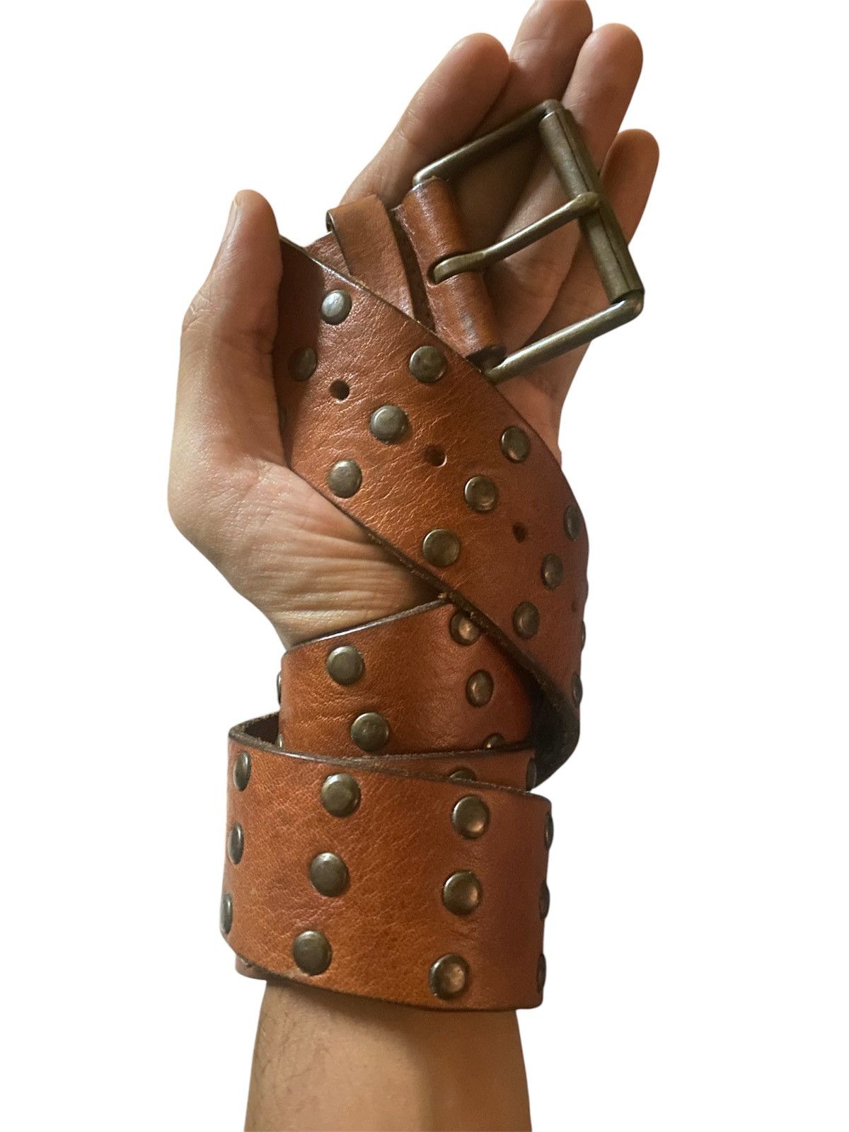 Genuine Leather Brown Leather Triple Studded Belt Punk Rocker Style Size ONE SIZE - 1 Thumbnail