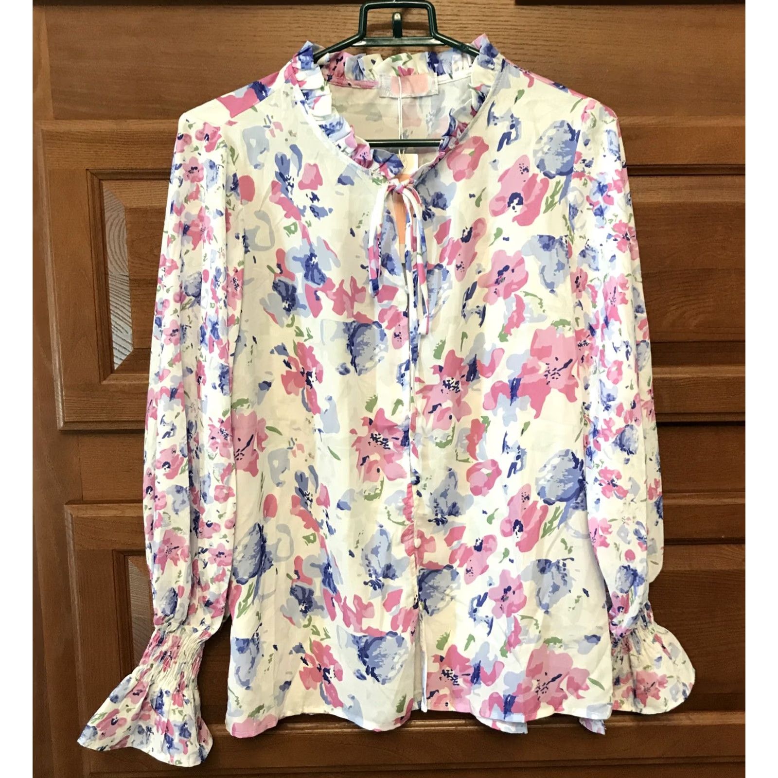JM Collection C+D+M Collection Women Blouse Shirt Floral Long Sleeve High Neck Button Ruffle Multicolor 1169 XS? Size S / US 4 / IT 40 - 2 Thumbnail