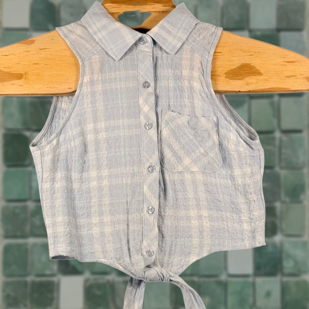Vintage Ultra Flirt Cropped Tank Blue Plaid Tie Front Sleeveless 90s Summer Womens XS, Cotton Rayon Blend, Button Front, Spring, Casual, Coastal, Vintage No Size XS / US 0-2 / IT 36-38 - 1 Thumbnail