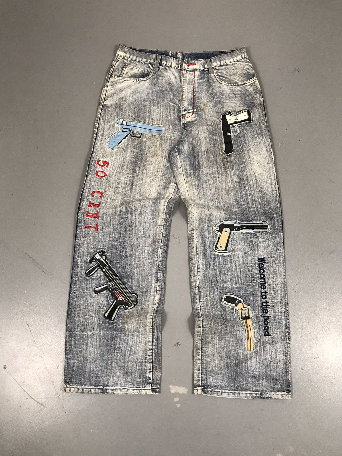 Vintage Vintage Y2K 50 cent Guns crazy embroidered baggy fit denim Size US 35 - 1 Thumbnail