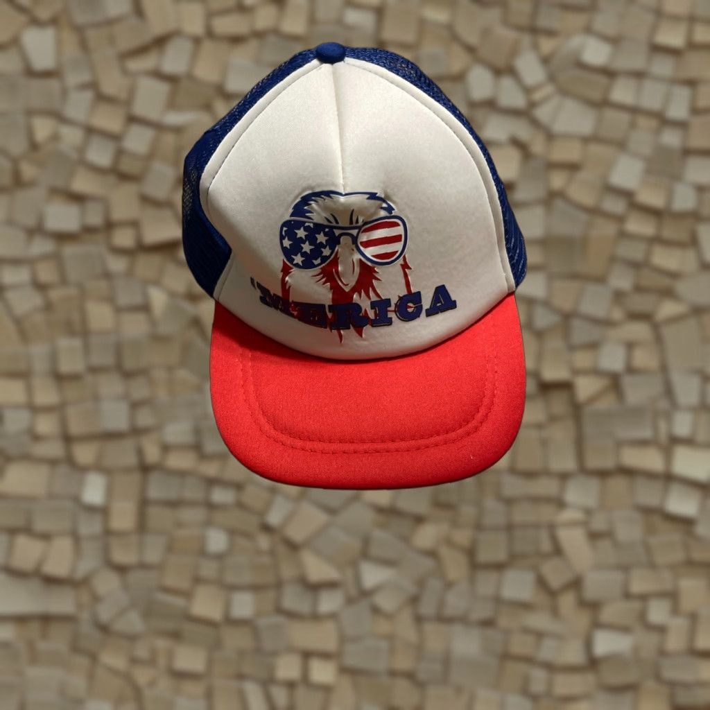 Vintage Merica Trucker Hat White Red Blue Eagle Flat Bill One Size Mens Hats Size ONE SIZE - 1 Thumbnail