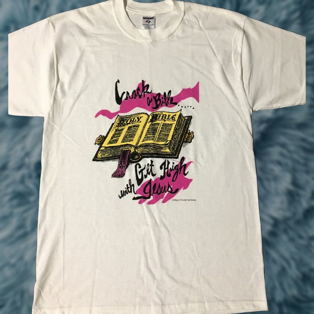 Vintage VINTAGE Get High With Jesus Shirt L White 80s Religion Christian Humor Joke Bible Crack A Bible Funny Men T-Shirt US-Style Size US L / EU 52-54 / 3 - 1 Thumbnail
