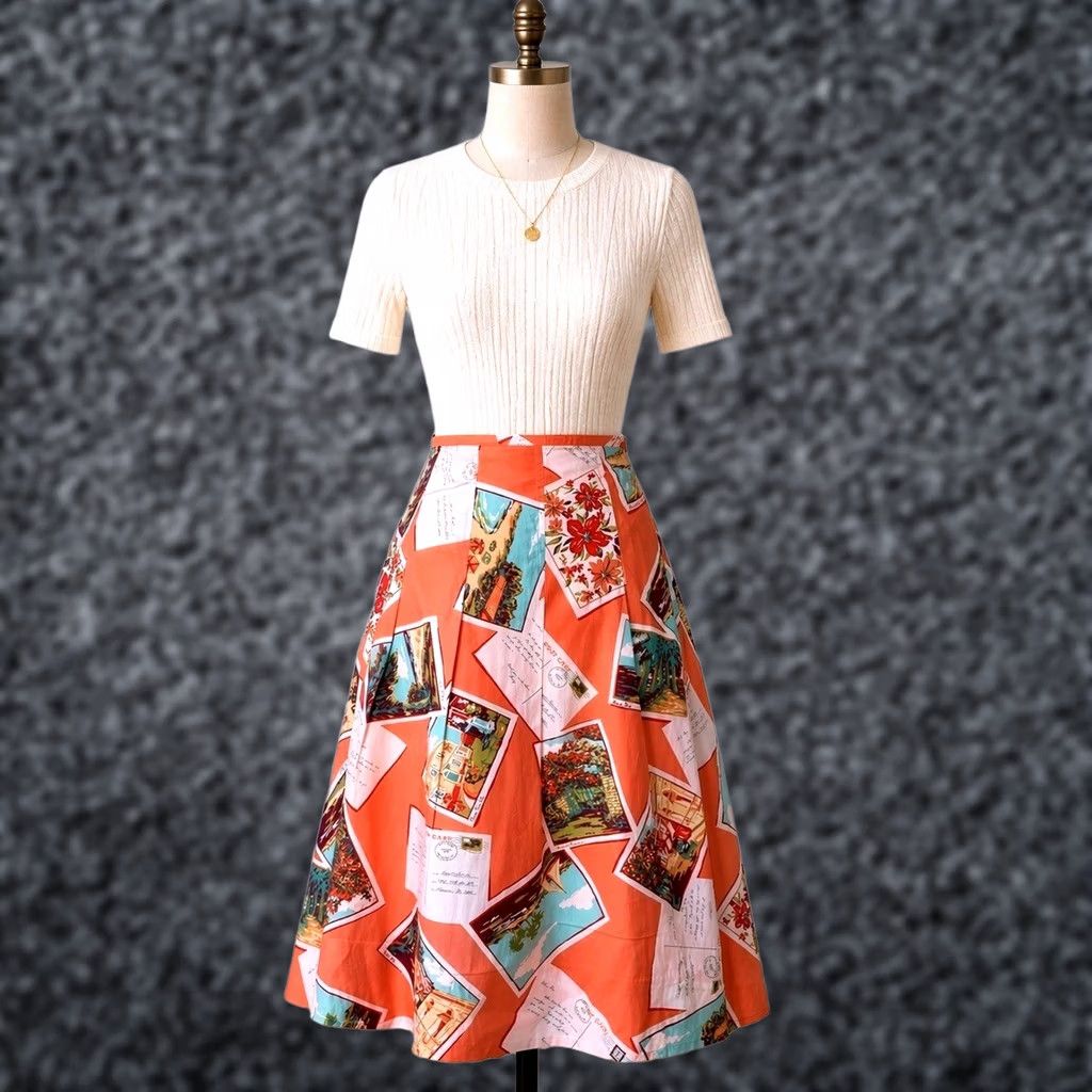 Eddie Bauer VINTAGE Eddie Bauer Skirt Womens 14 Pink 90s Peach Postcard Tropical Novelty Size 36" / US 14 / IT 50 - 1 Thumbnail