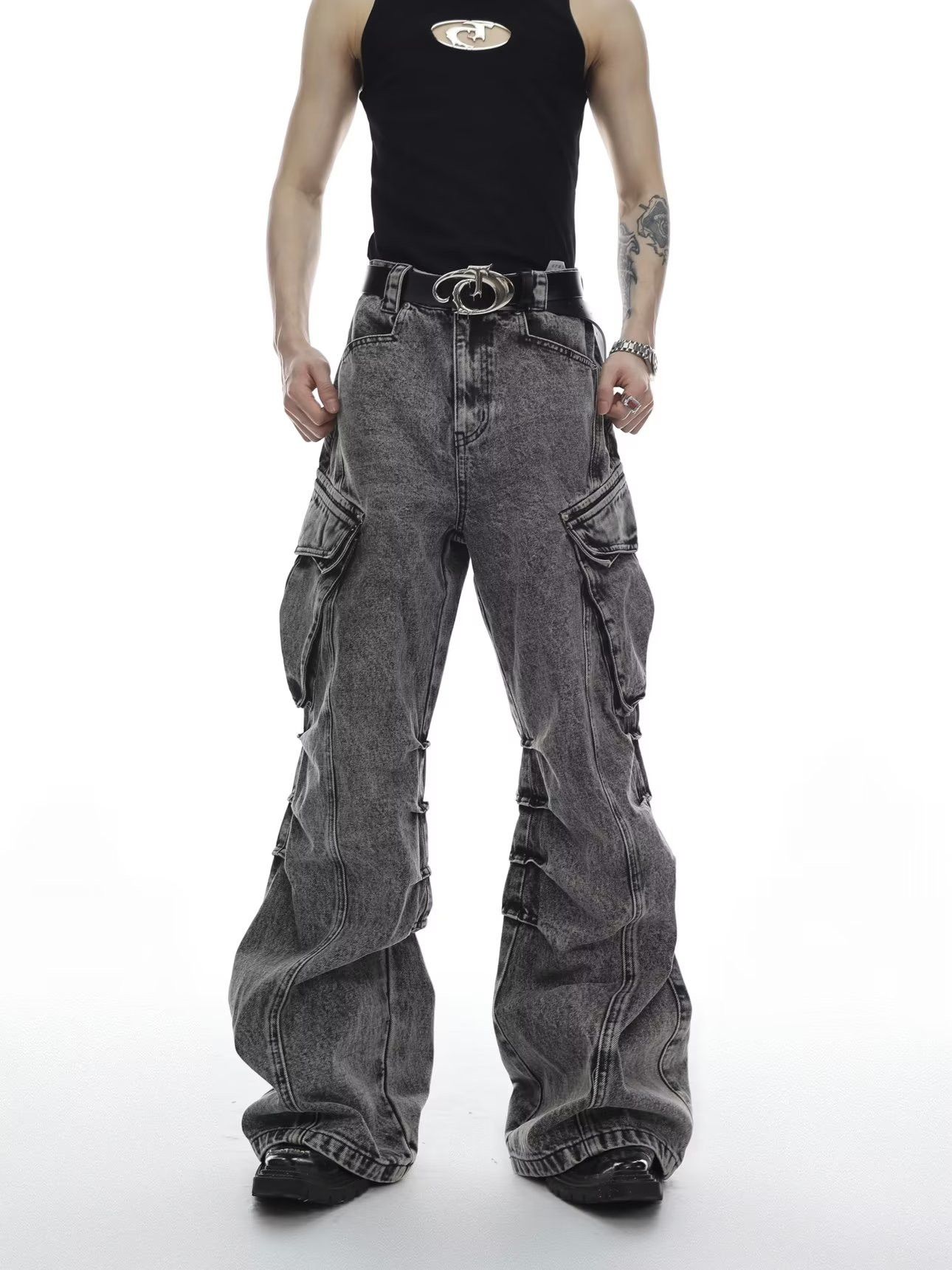 Washed Black Baggy Cargo Jeans