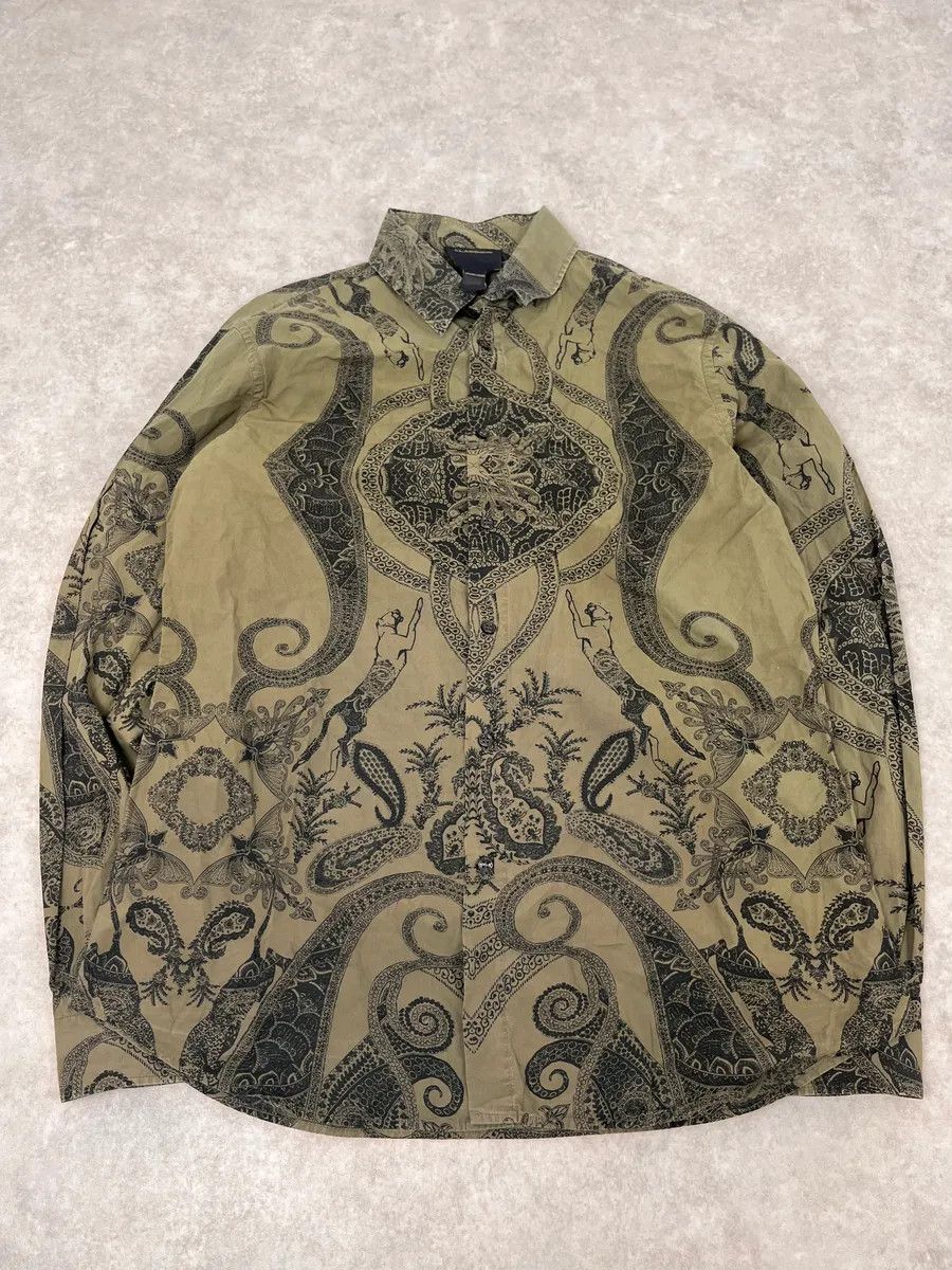Roberto Cavalli 2000s Roberto Cavalli Olive Green & Black Presley Black Shirt Size US M / EU 48-50 / 2 - 1 Thumbnail
