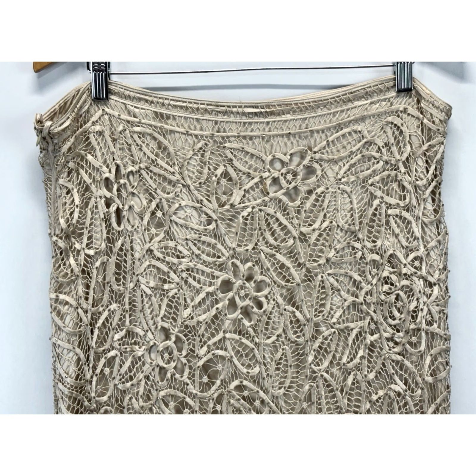 Vintage Vtg 90s Silk Crochet Maxi Skirt XL Beaded Fairy Grunge Festival Beige Whimsigoth Size 40" / US 18 - 4 Thumbnail
