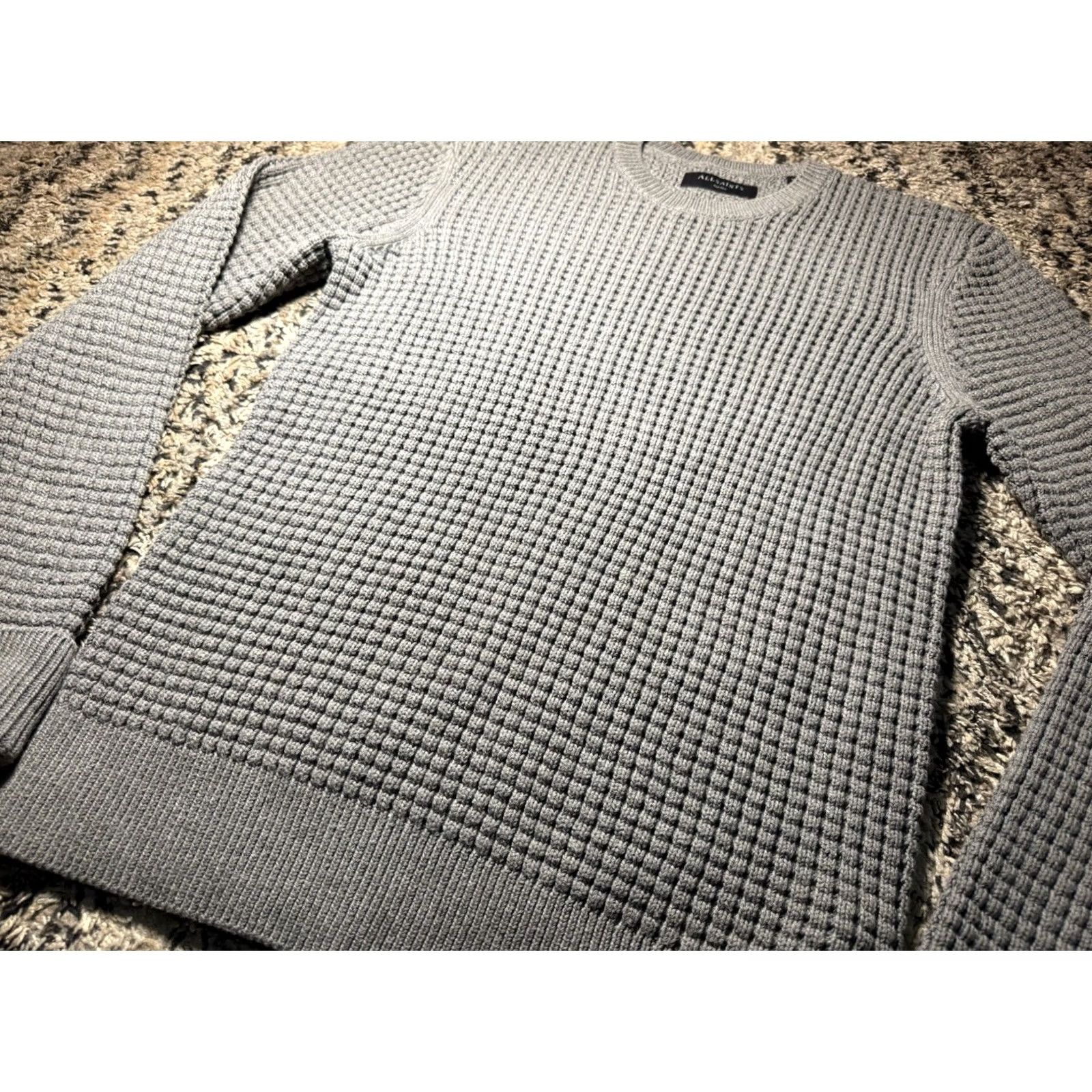 Allsaints AllSaints Eydon Crew Jumper Sweater Waffle Knit Mens Size S Mink Cotton 18 in wide 28 in long - Navy/Beige? Size US S / EU 44-46 / 1 - 3 Thumbnail