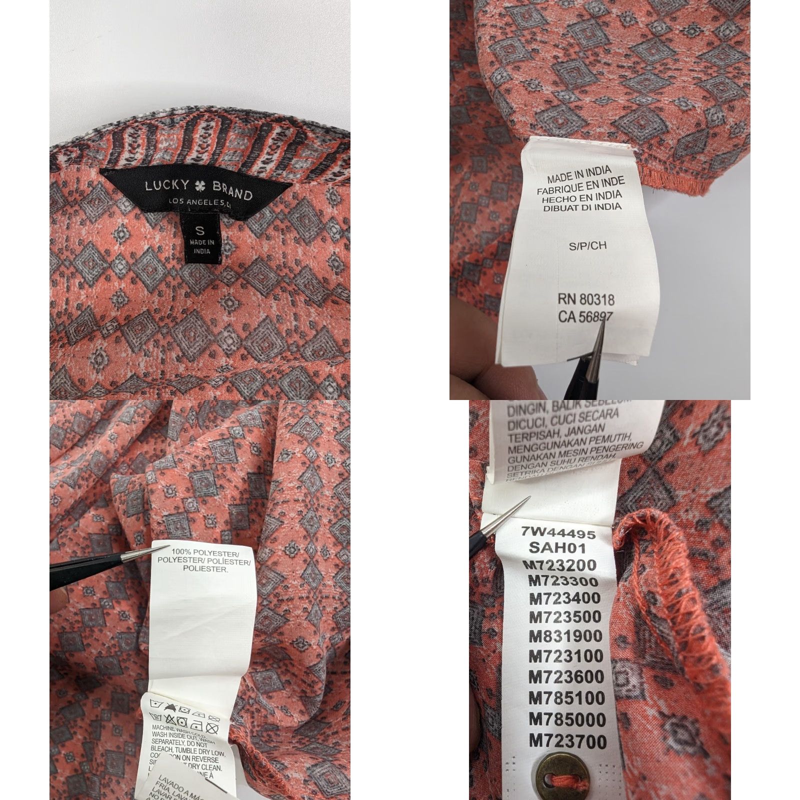Lucky Brand Lucky Brand Women's Blouse Long Sleeve V-Neck Lace Up Peasant Border Print Coral Tassels Size S Size S / US 4 / IT 40 - 8 Thumbnail