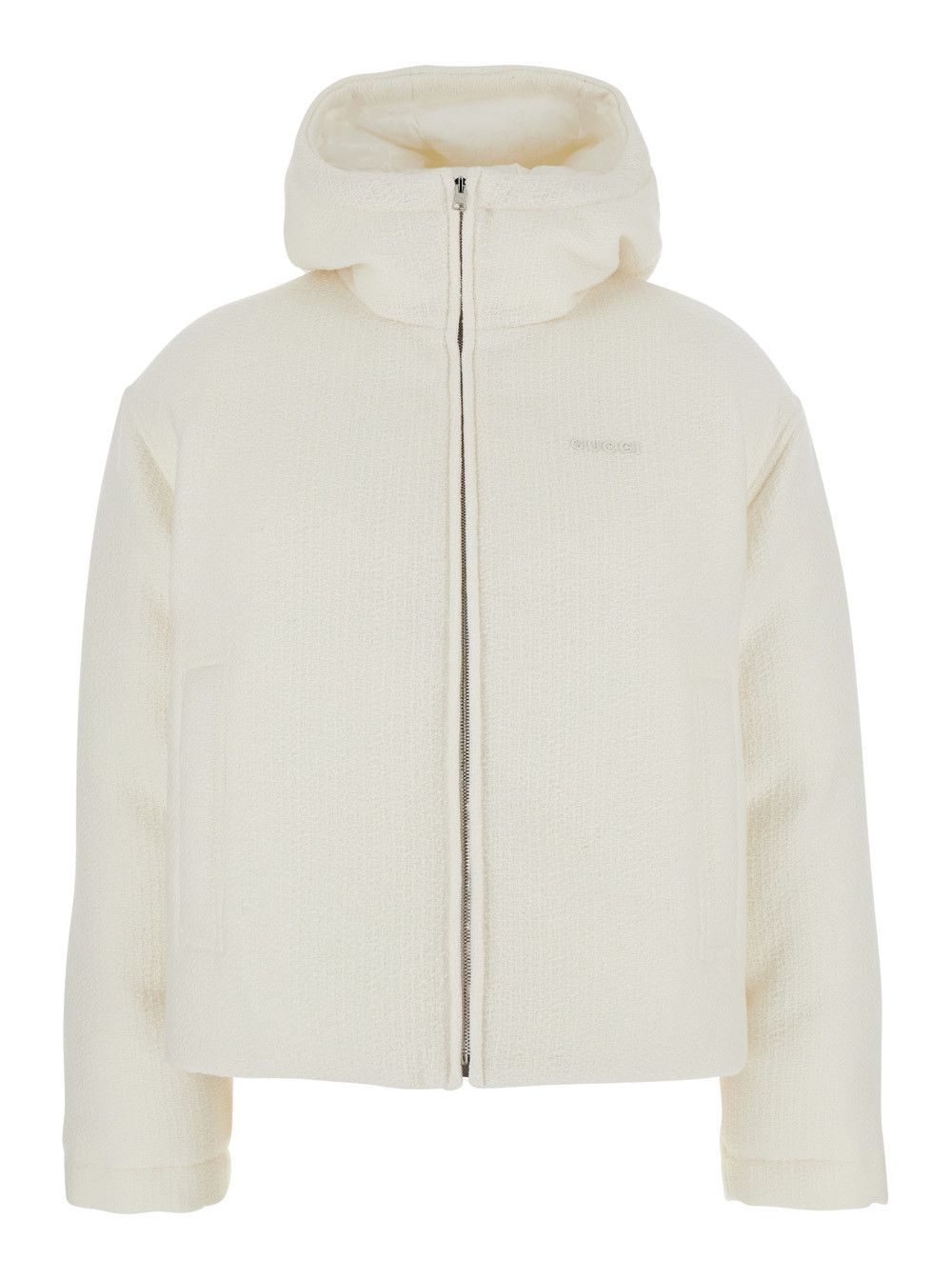 Gucci White Wool Bomber Jacket with Fixed Hood and Logo Lettering on the Front Size M / US 6-8 / IT 42-44 - 1 Thumbnail