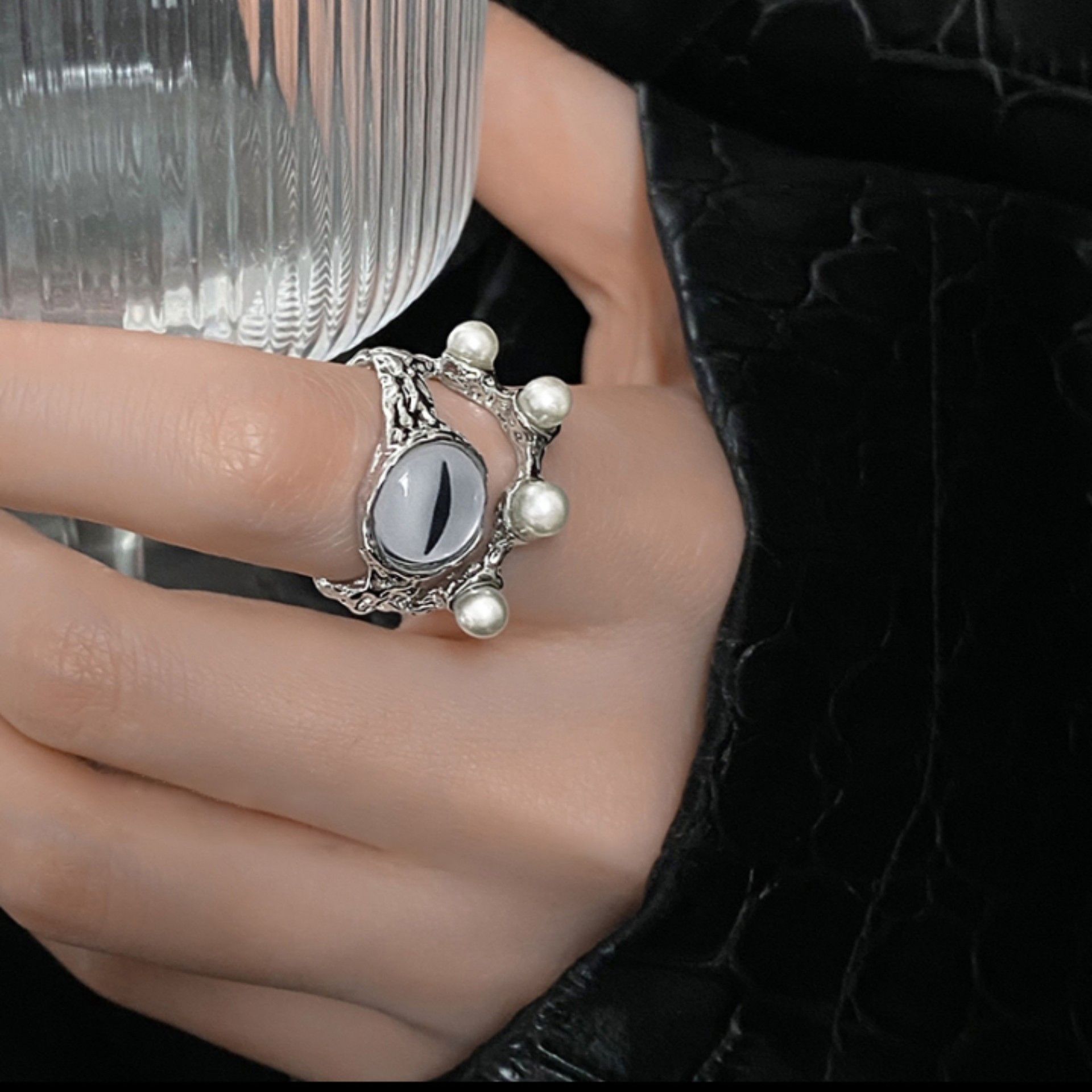 Jewelry Men's Distressed Open-Band Ring with Cat's Eye Stone Size ONE SIZE - 2 Thumbnail