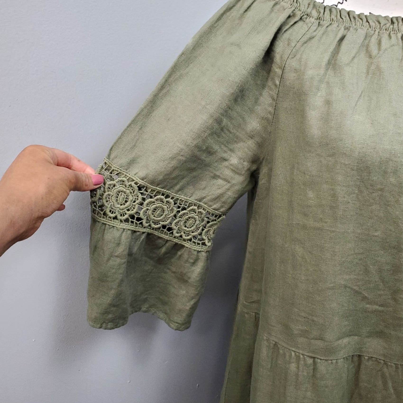 Vintage Terzo Millennio Dress Womens S Green Crochet Lace Trim Tiered Boat Neck Midi Sleeve 3/4 Vintage? No Size S / US 4 / IT 40 - 4 Thumbnail
