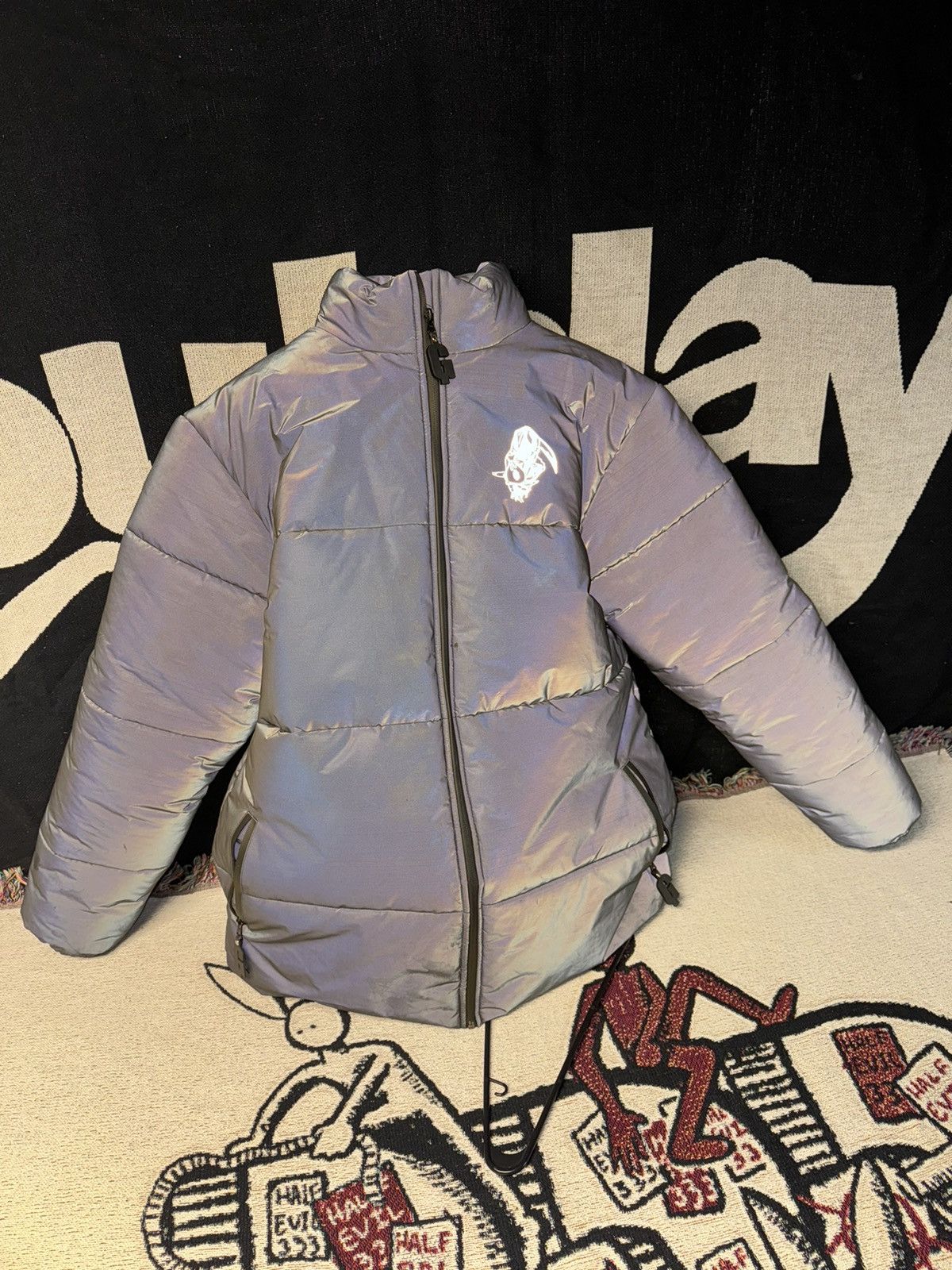 image of Goth&money Goth Money Records Reflective Reaper Puffer in Reflective Grey, Men's (Size 2XL)