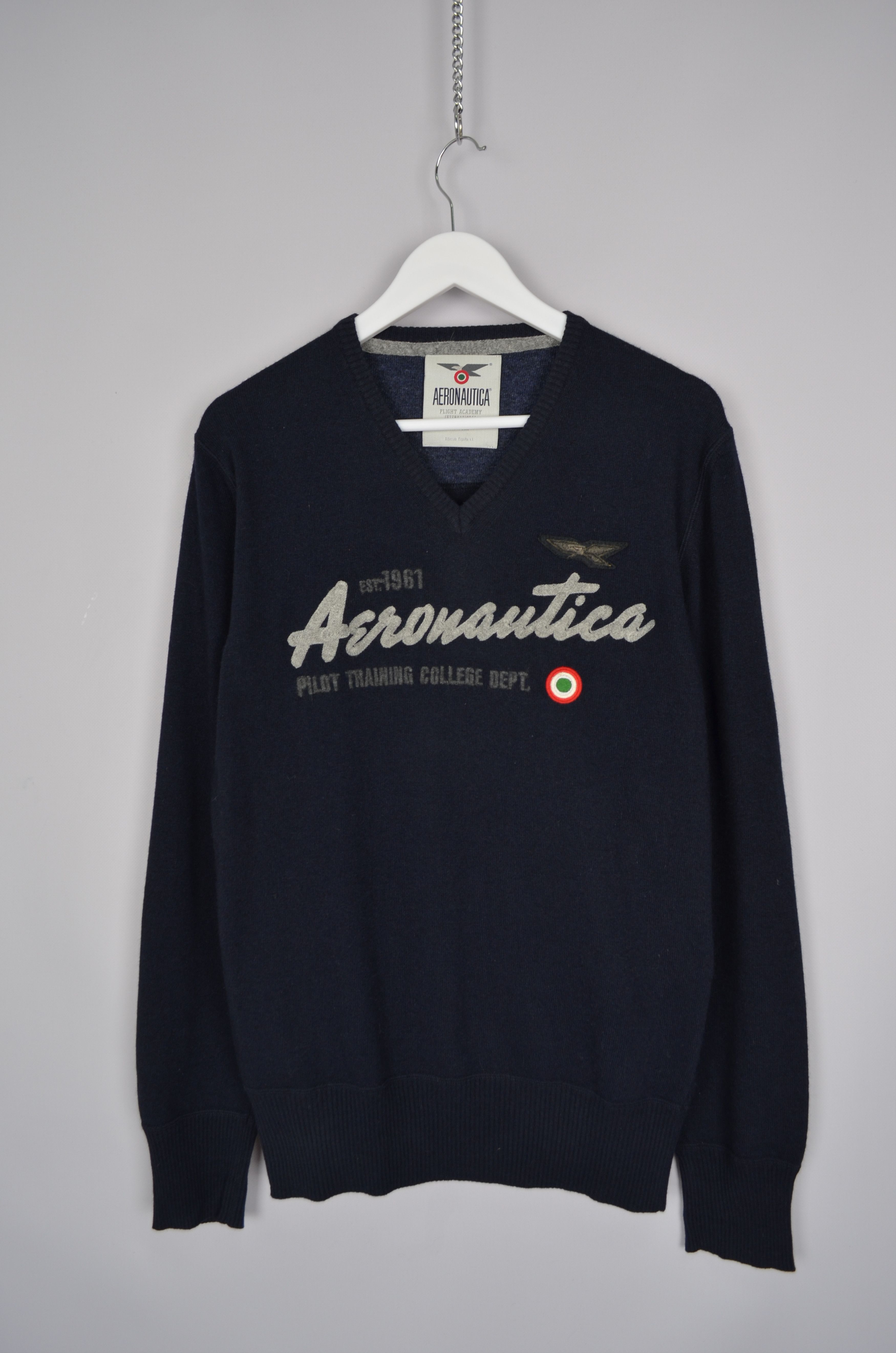 Aeronautica Militare × Designer Aeronautica Militare Wool Blend Navy V-Neck Sweater Jumper Size US L / EU 52-54 / 3 - 1 Thumbnail
