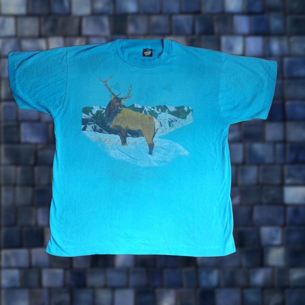 Vintage VTG 90s Screen Stars Elk Mountain Nature Outdoor Art Faded Blue Tee T-Shirt XL Mens Short Sleeve Cotton Blend Graphic Tee Size US XL / EU 56 / 4 - 1 Thumbnail