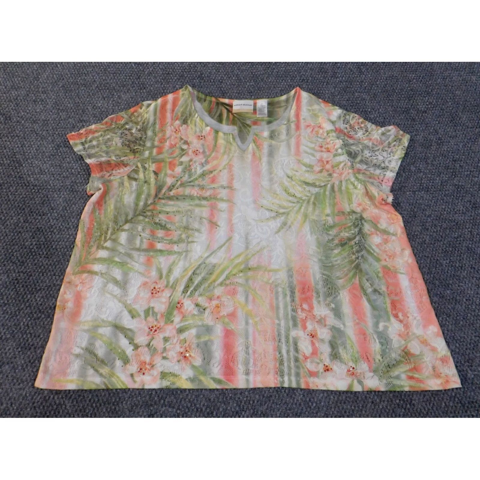 Vintage Alfred Dunner Blouse Womens 2X Green Floral Geometric Sheer Short Sleeve Lace Collared Pullover Plus Size Regular Fit Classic Vintage: No Size XXL / US 16-18 / IT 52-54 - 3 Thumbnail