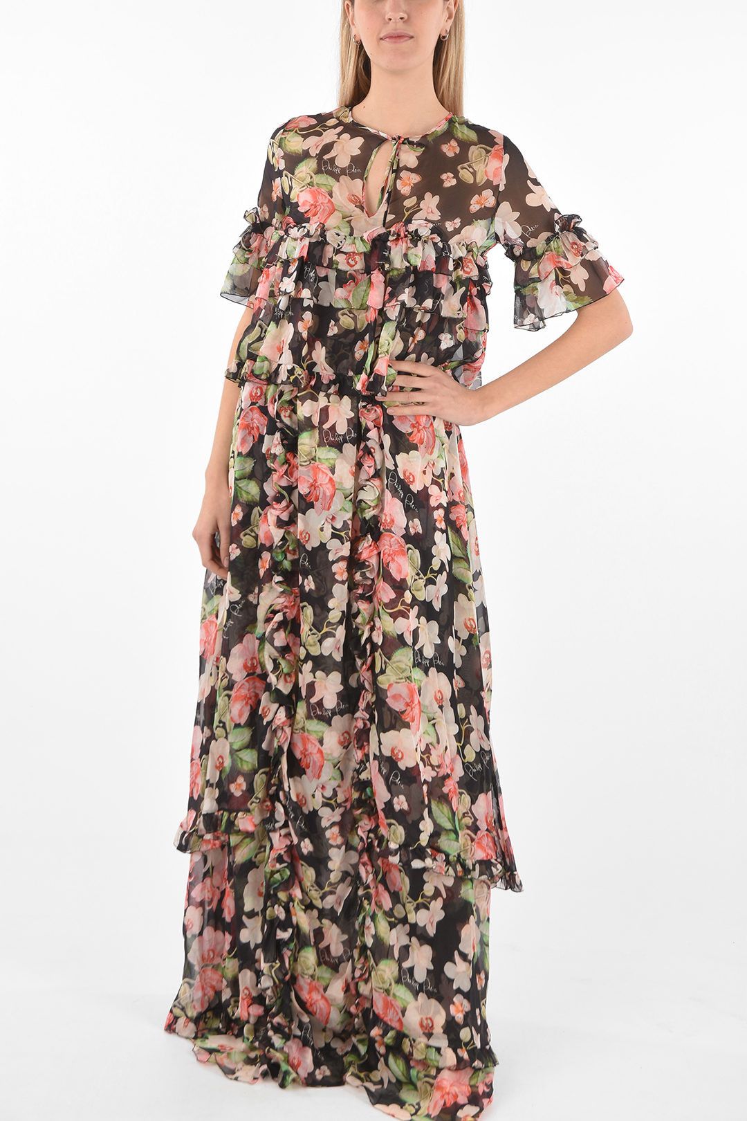 Philipp Plein og1mm0824 Floral Patterned Silk Ruffles Maxi Dress Size S / US 4 / IT 40 - 1 Thumbnail