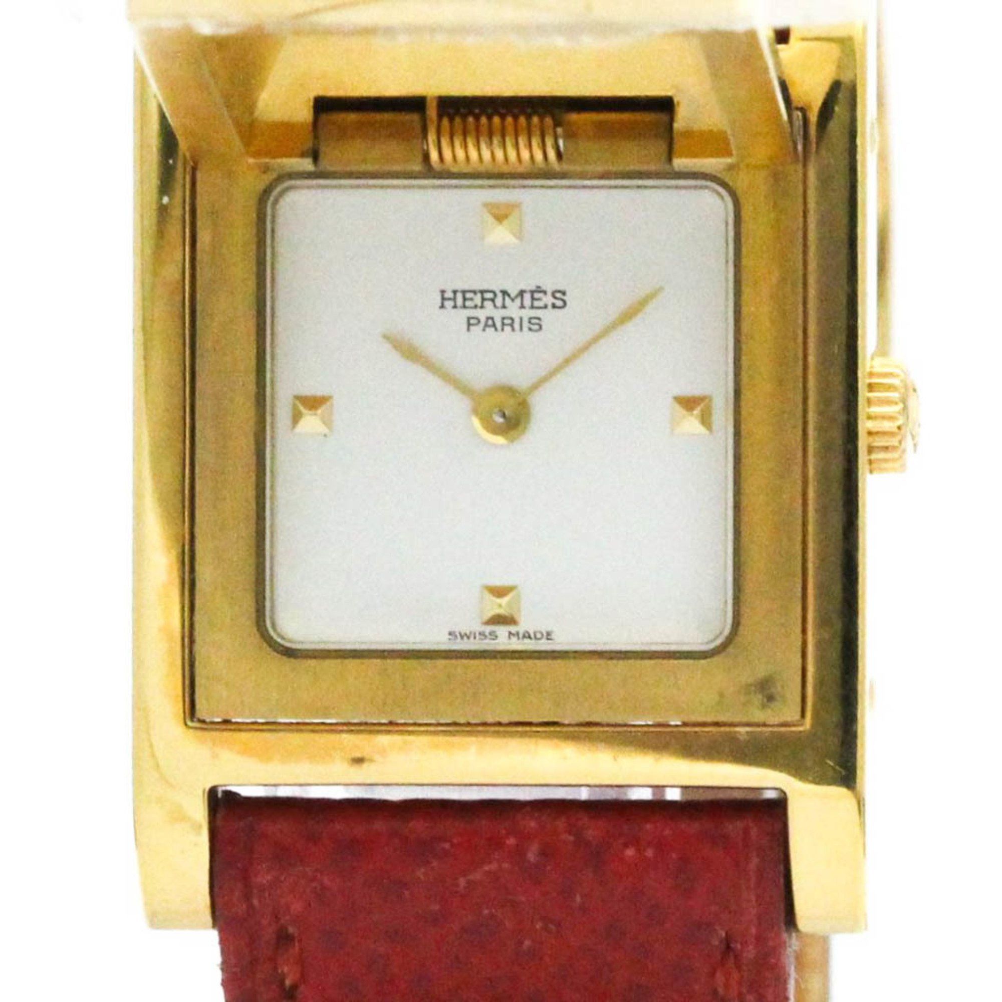 Hermes Medor Gold Plated Leather Quartz Ladies Watch Bf581653 in White, Women's