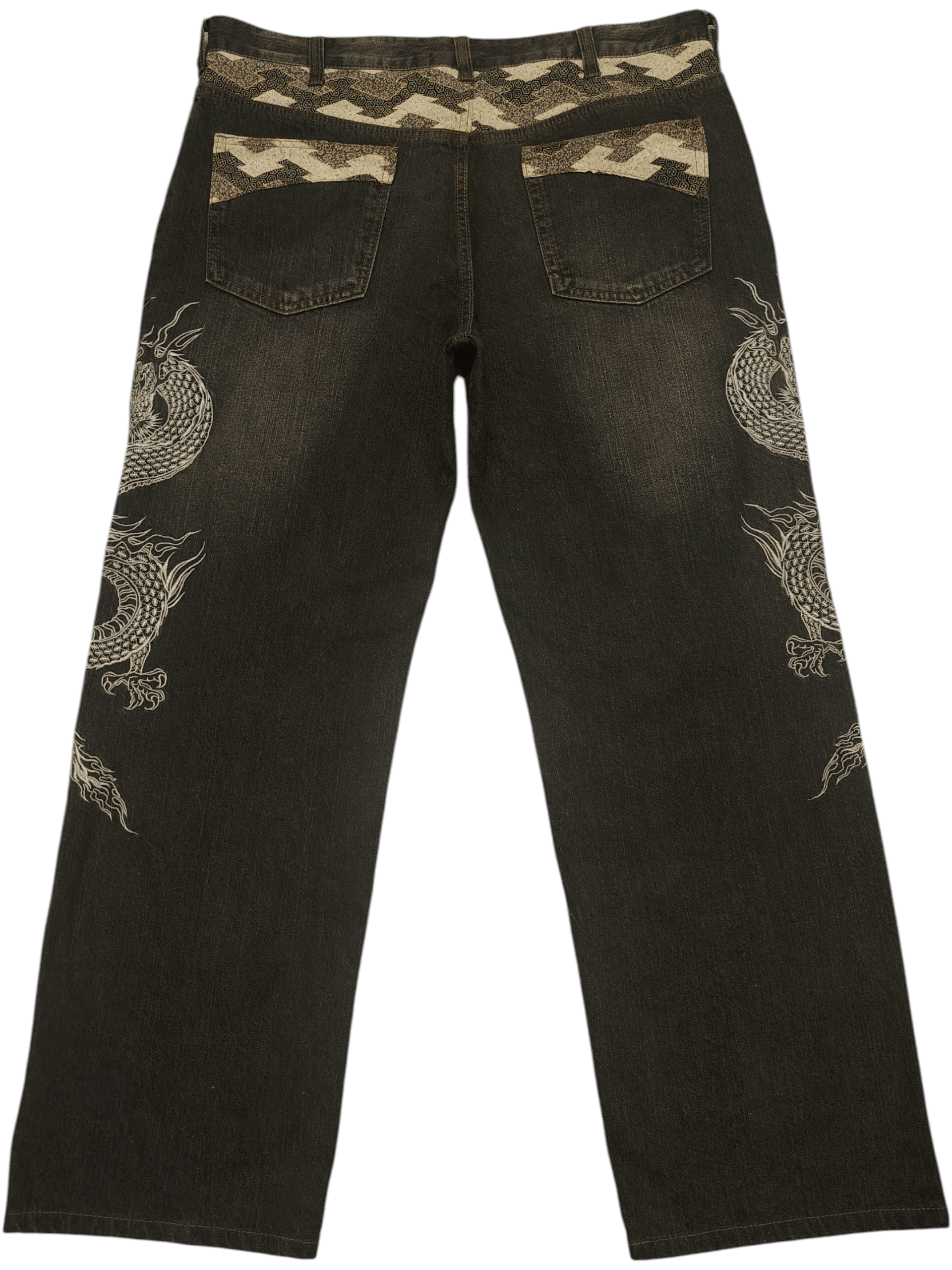 Karakuri Tamashii Rare Japanese Karakuri Embroidered Dragon Baggy Jeans Size US 39 - 2 Thumbnail