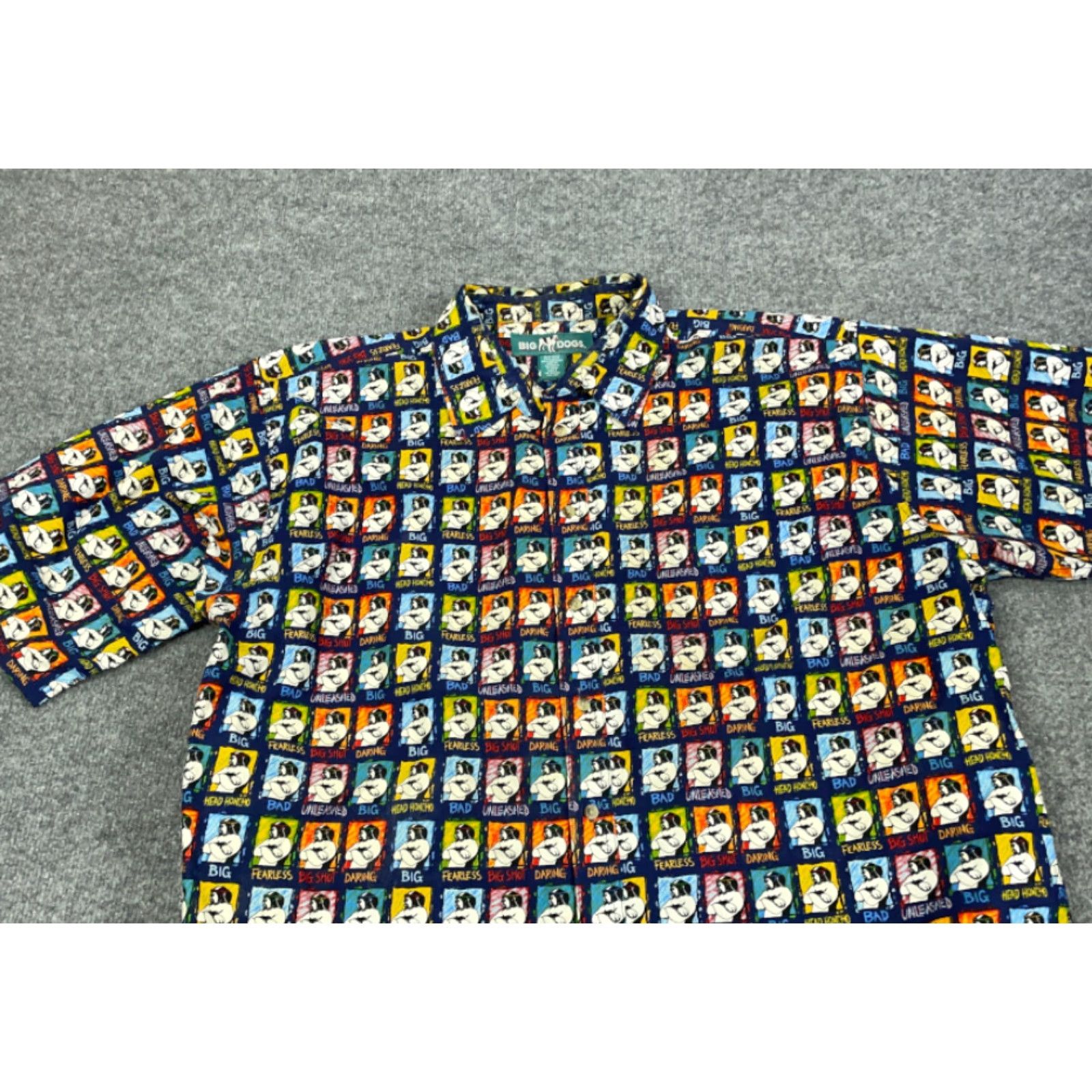 VINTAGE Big Dogs Big Shot Artwork Button-Up Shirt Adult 2XL Tall Multicolor Geometric Short Sleeve Casual Mens