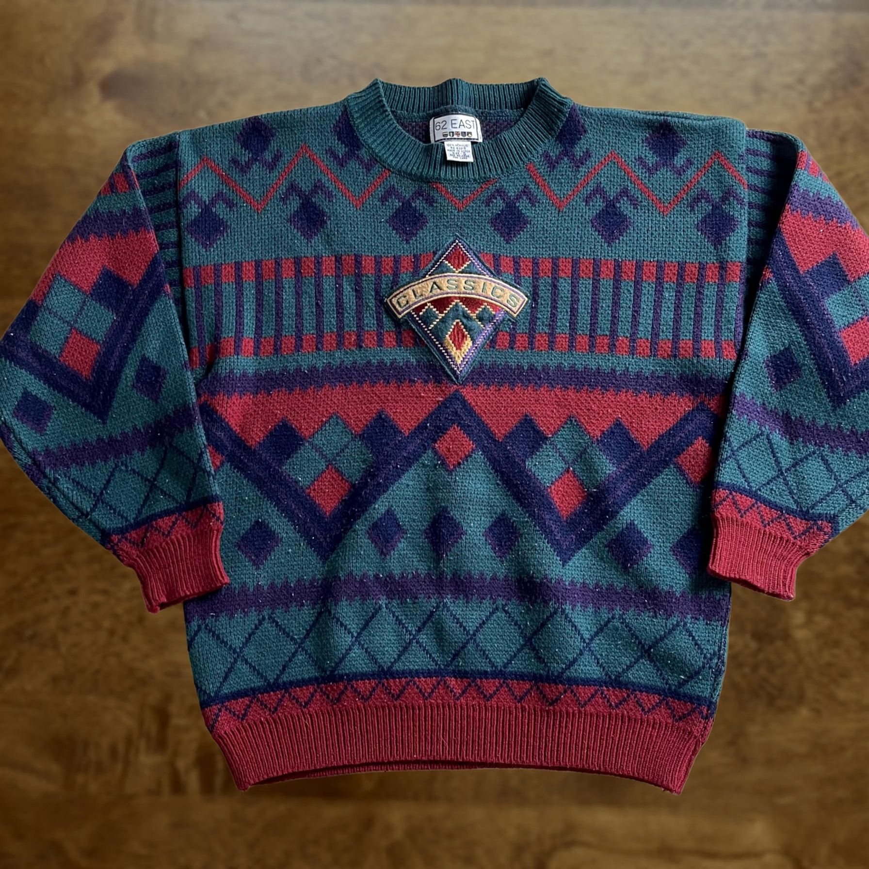 Vintage VINTAGE 62 EAST Sweater Mens S Green Crew Neck Knit Geometric 90s Pullover Classics Size US S / EU 44-46 / 1 - 1 Thumbnail