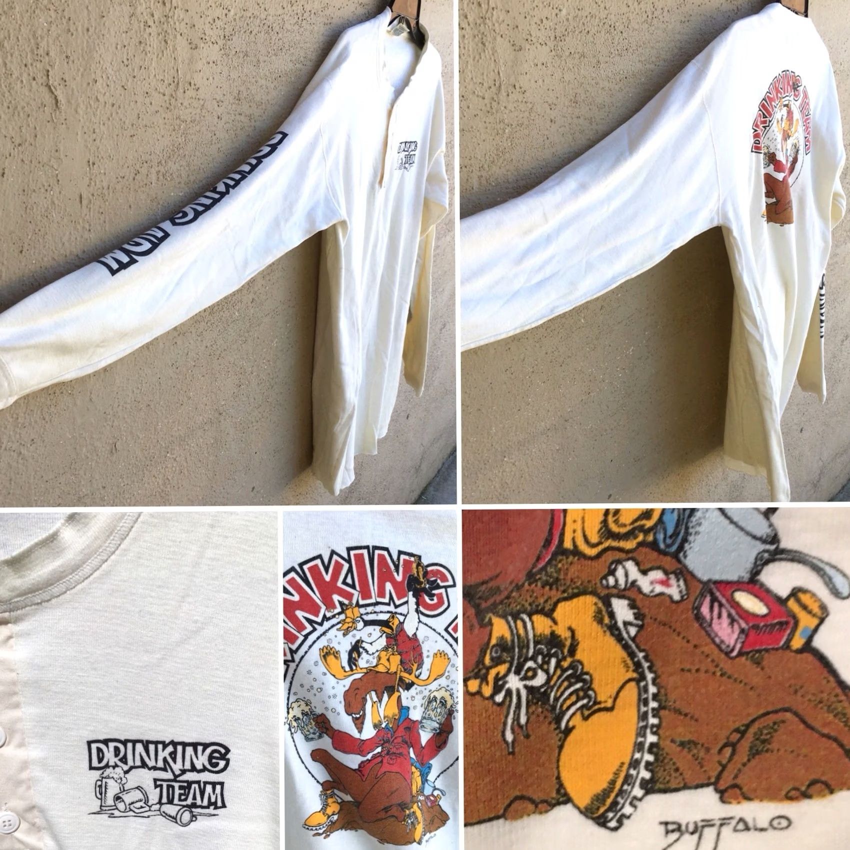 Vintage VINTAGE Buffalo Shirts T-Shirt DrinkING Team Drinking Arm Graphics Henley XL Ivory Men 80s Graphic Tee Size US XL / EU 56 / 4 - 3 Thumbnail