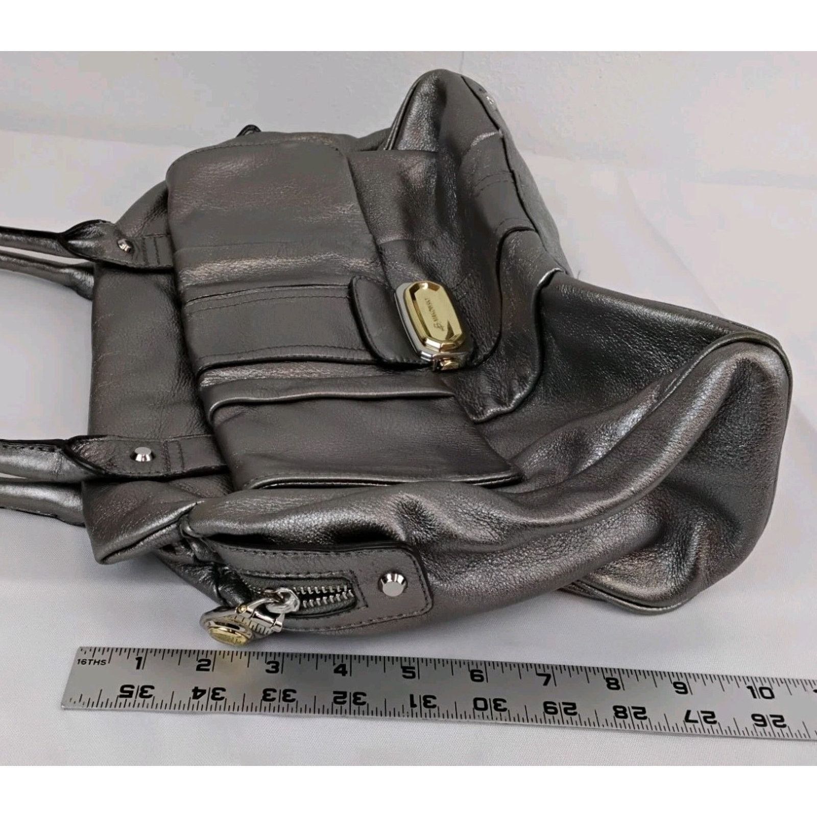 Other B Makowsky Silver Leather Handbag Top Handles Slouch Purse Size ONE SIZE - 16 Thumbnail