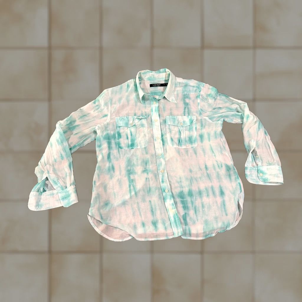 Ralph Lauren Lauren Ralph Lauren Blouse Womens Petite Large Green White Sheer Button Up Silk Cotton Knit Casual Shirt Size L / US 10 / IT 46 - 1 Thumbnail