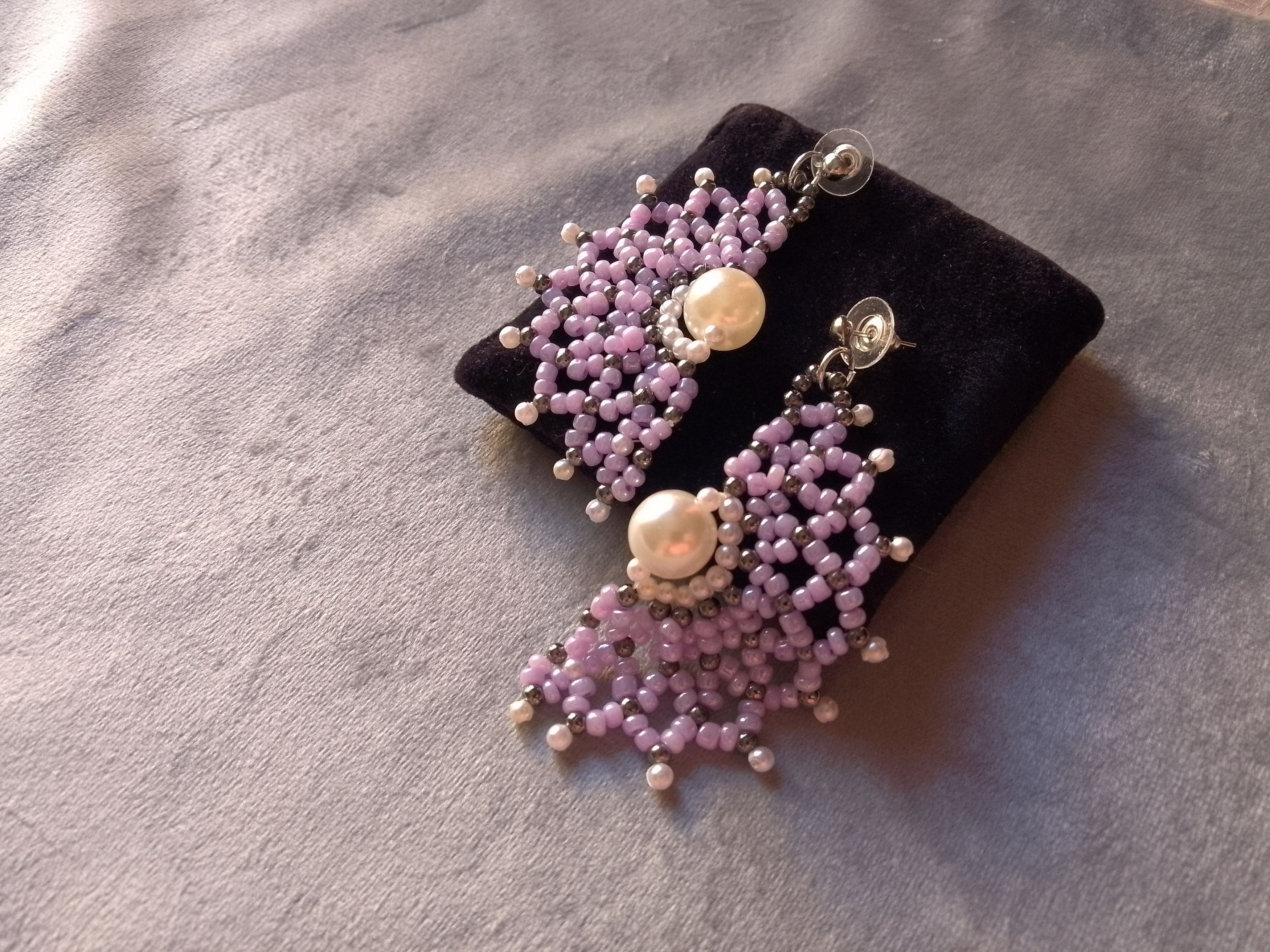Handmade Earrings Purple Netted Ivory Pearls Fan Shape Size ONE SIZE - 1 Thumbnail
