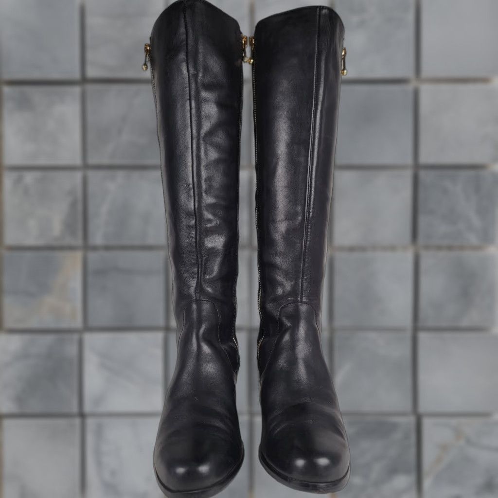Vintage Tahari Kyle Black Leather Knee-High Boots 8M Zipper Stretch Leather Block Heel Riding Boot Women Footwear Casual Workwear City Tall Size US 8 / IT 38 - 1 Thumbnail
