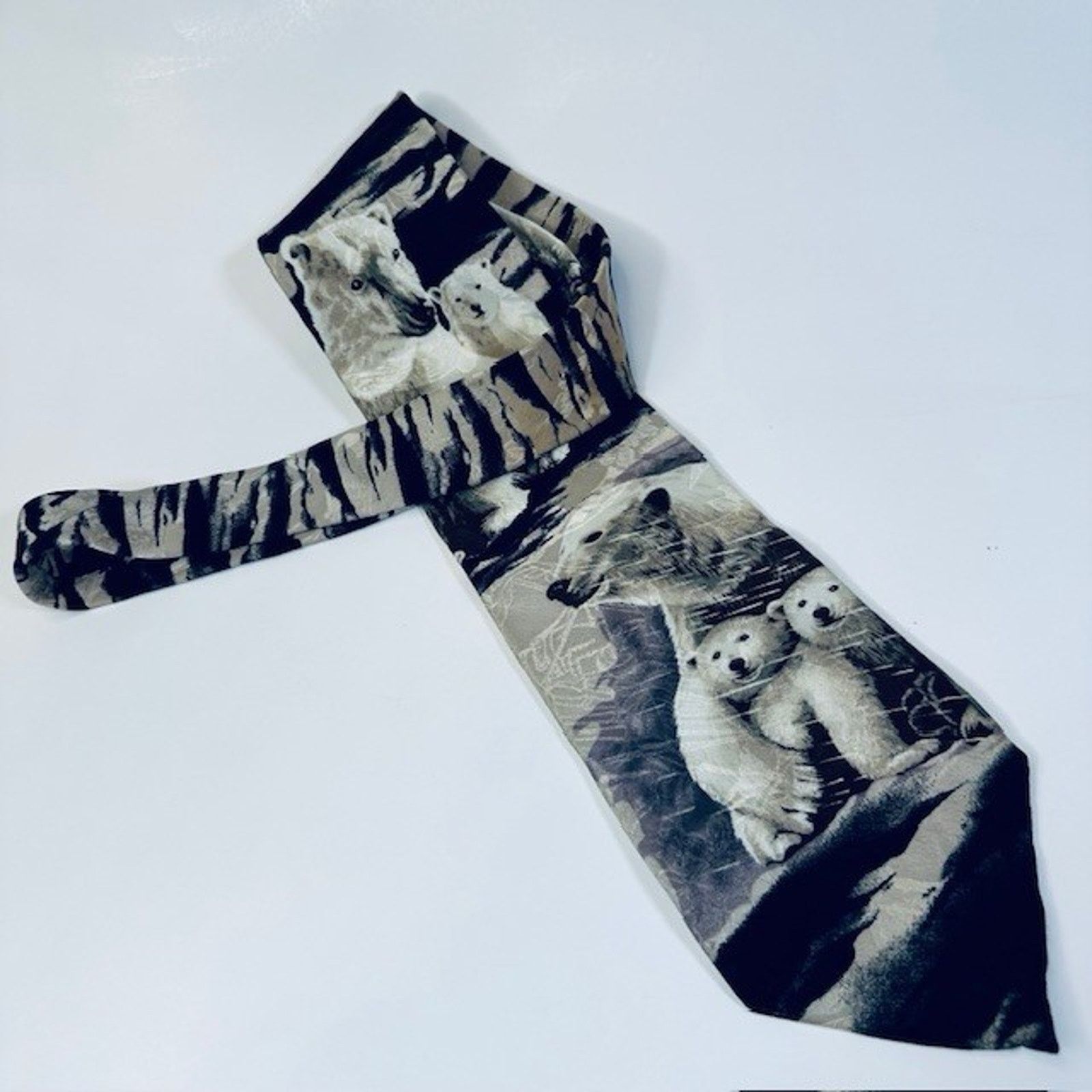 Other Endangered Species Tie Artic Polar Bears, Blk/White/Blu Silk Size ONE SIZE - 11 Thumbnail