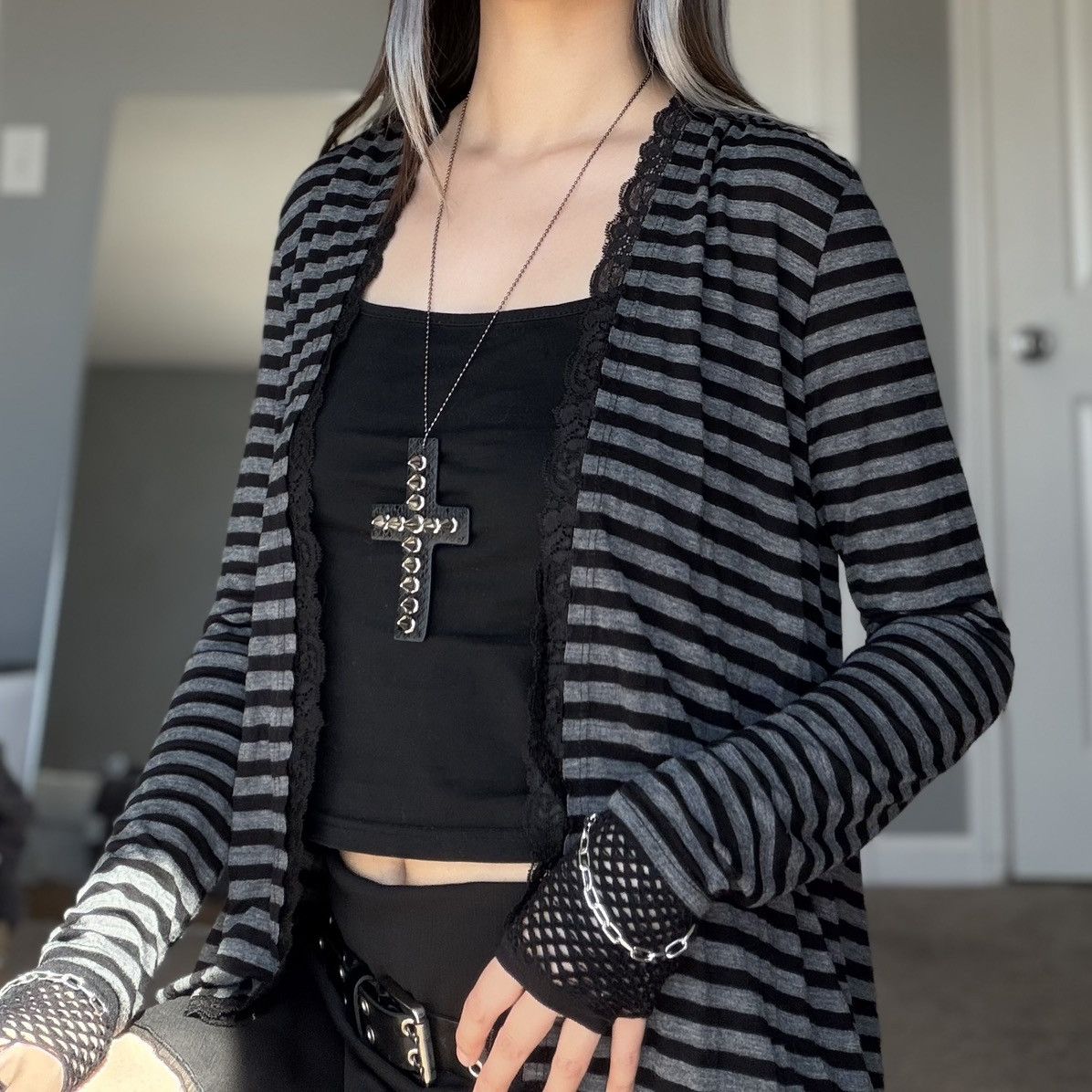 Other Mall Goth Black & Gray Striped Open Front Lace Trim Cardigan Size M / US 6-8 / IT 42-44 - 15 Thumbnail