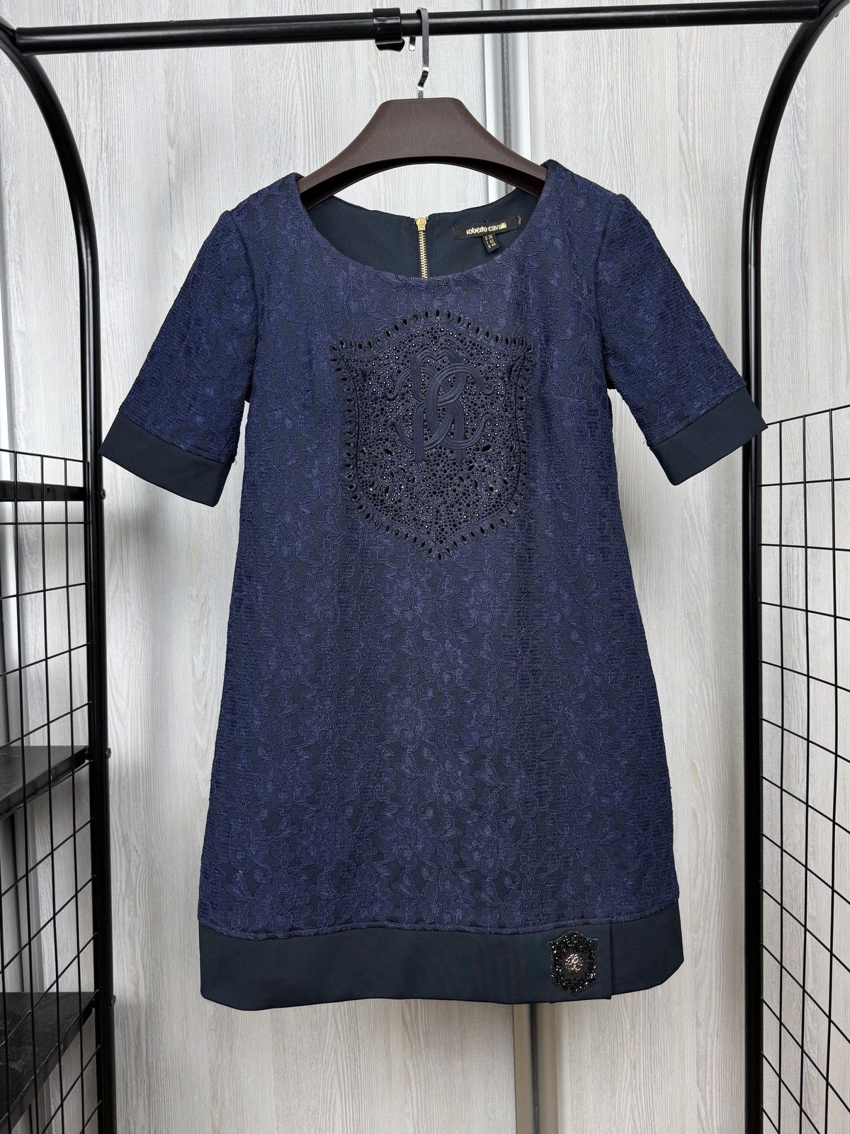 Roberto Cavalli Roberto Cavalli blue lace big logo knee length dress Size M / US 6-8 / IT 42-44 - 1 Thumbnail
