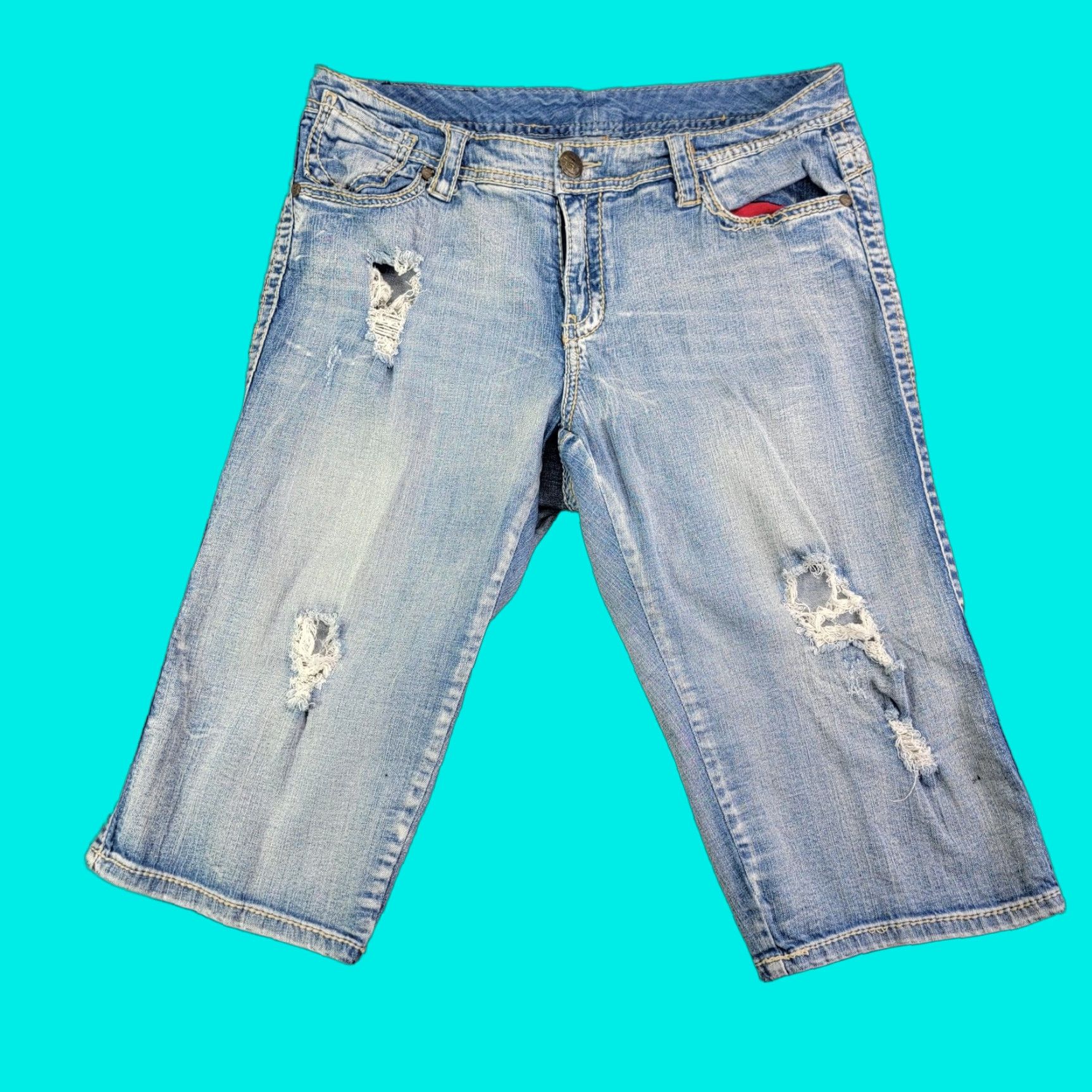 Vintage Seven7 Shorts Bermuda Womens 16 Blue Denim Distressed Embroidered Studded Rhinestone Stretch Casual Summer Size 38" / US 16 / IT 52 - 1 Thumbnail