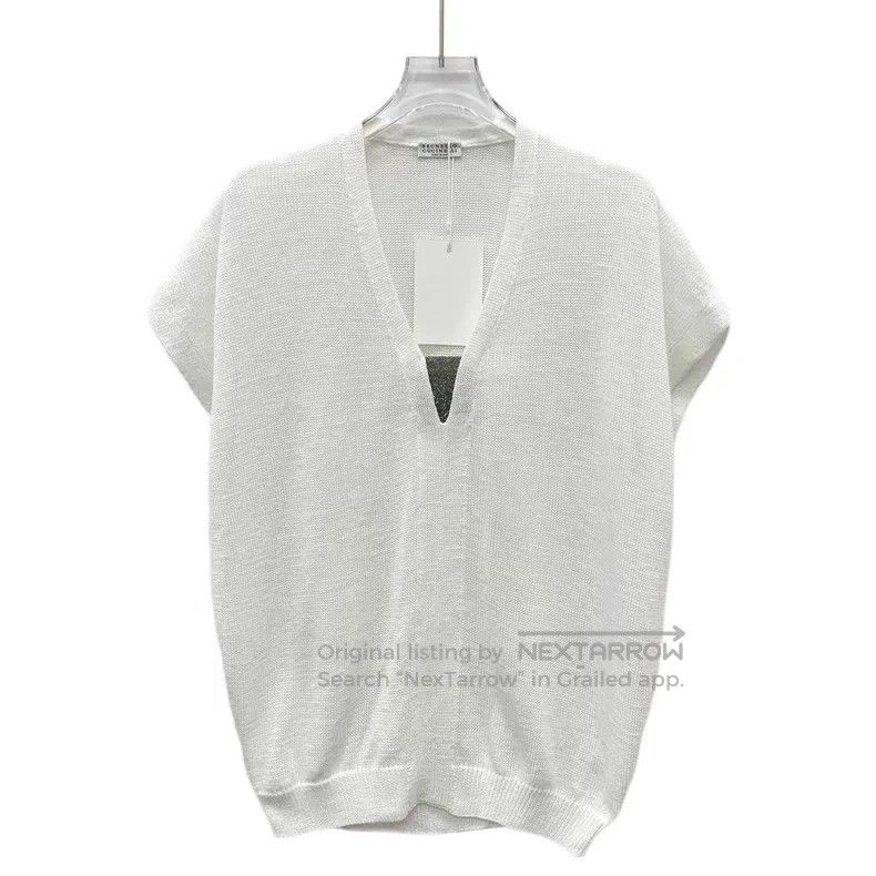 Brunello Cucinelli Brunello Cucinelli White sequin design cotton V-neck short Size S / US 4 / IT 40 - 1 Thumbnail