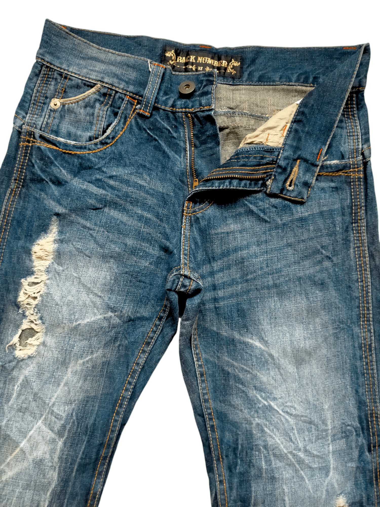 Back Number Acid Wash Bucklle Back Denim Pants