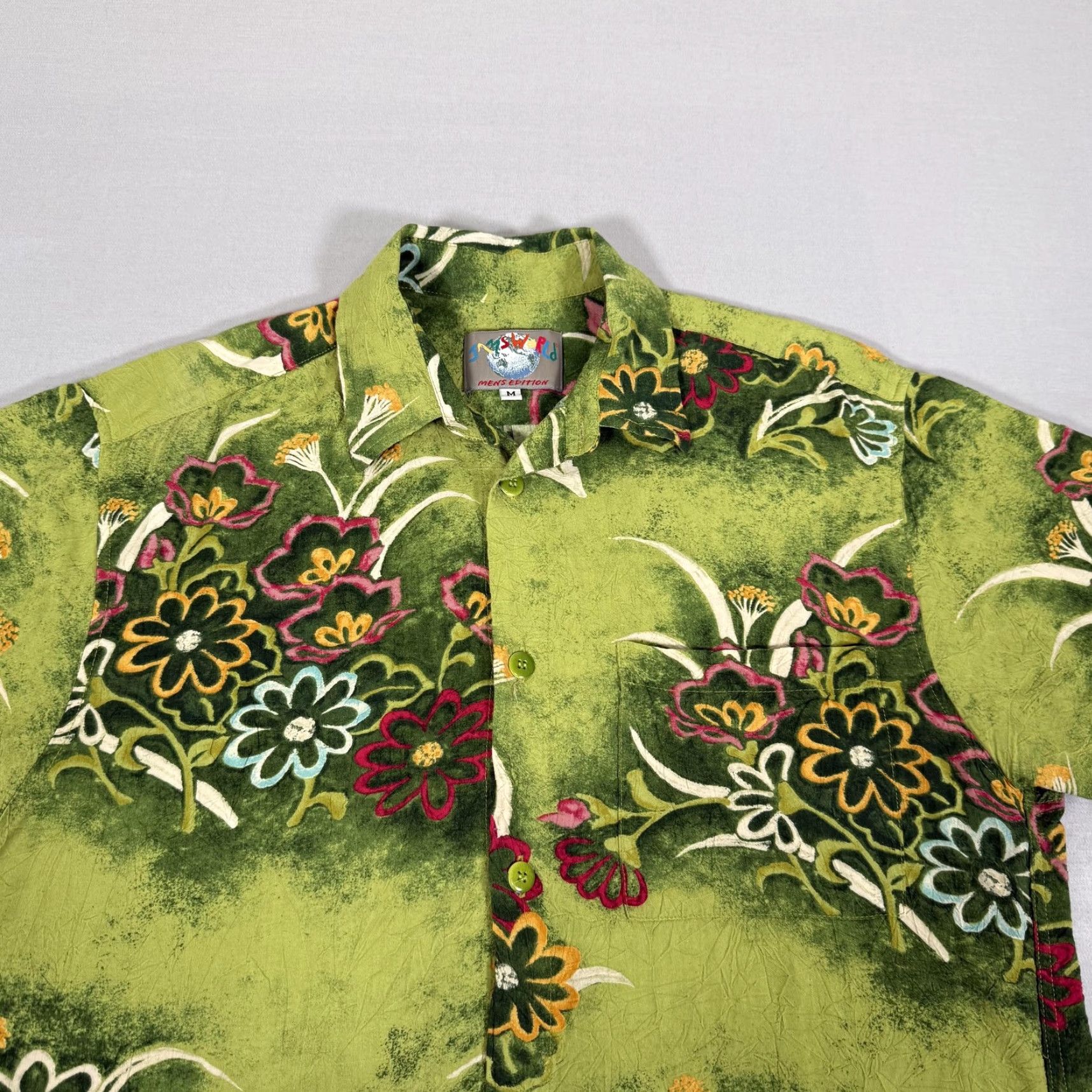VINTAGE Jams World Shirt Mens Medium Green Hawaiian Aloha Floral Rayon 90s Mens