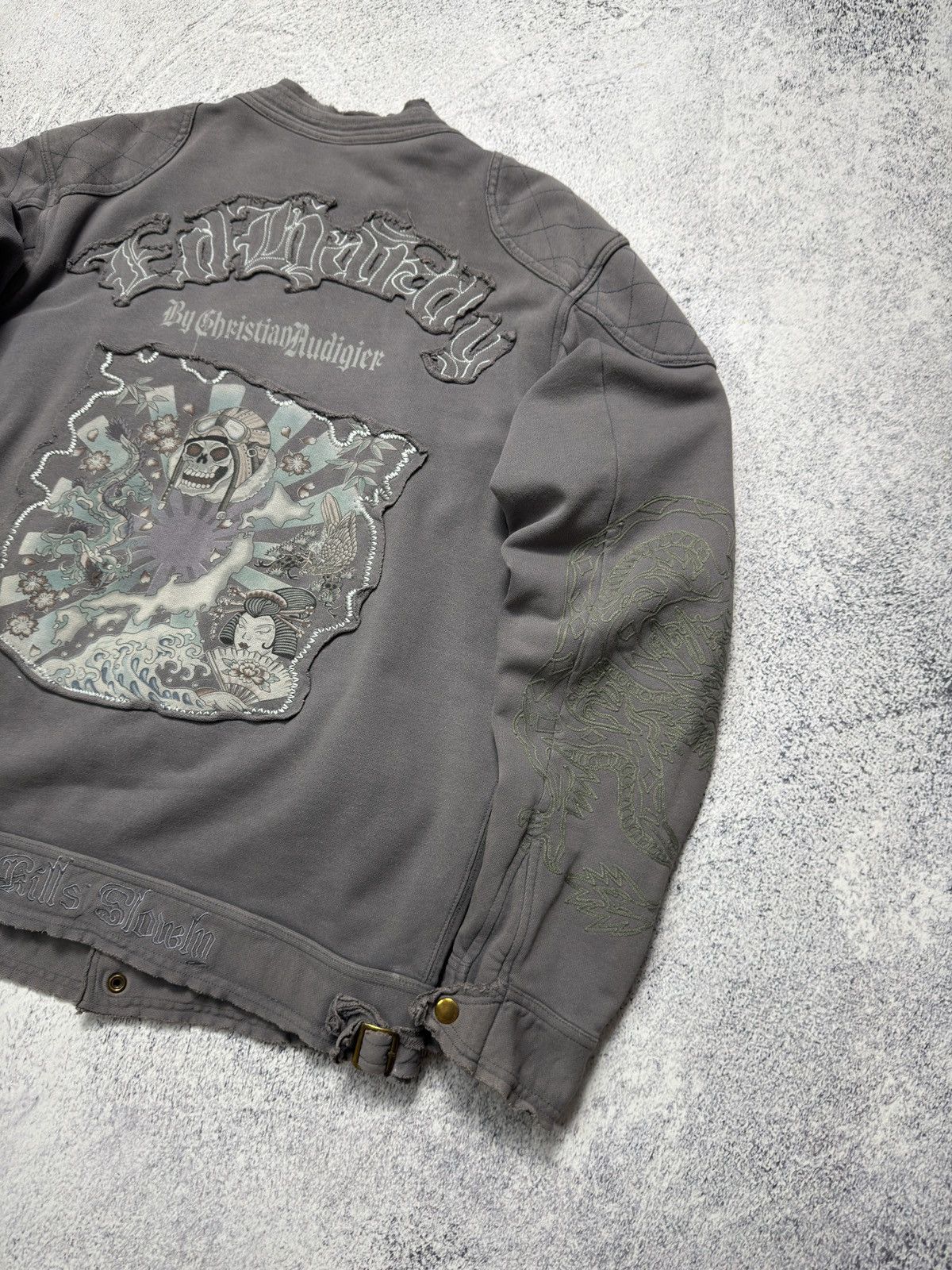 Ed Hardy Ed Hardy Distressed Cotton Motorcycle Jacket Size US L / EU 52-54 / 3 - 3 Thumbnail