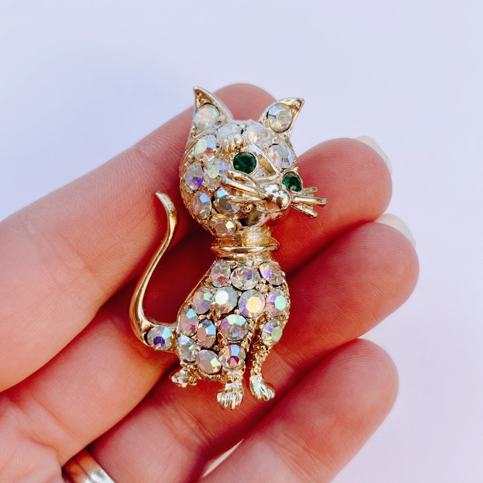 Vintage Vintage Mid Century Cat Brooch AB Rhinestones Kitschy Size ONE SIZE - 3 Thumbnail